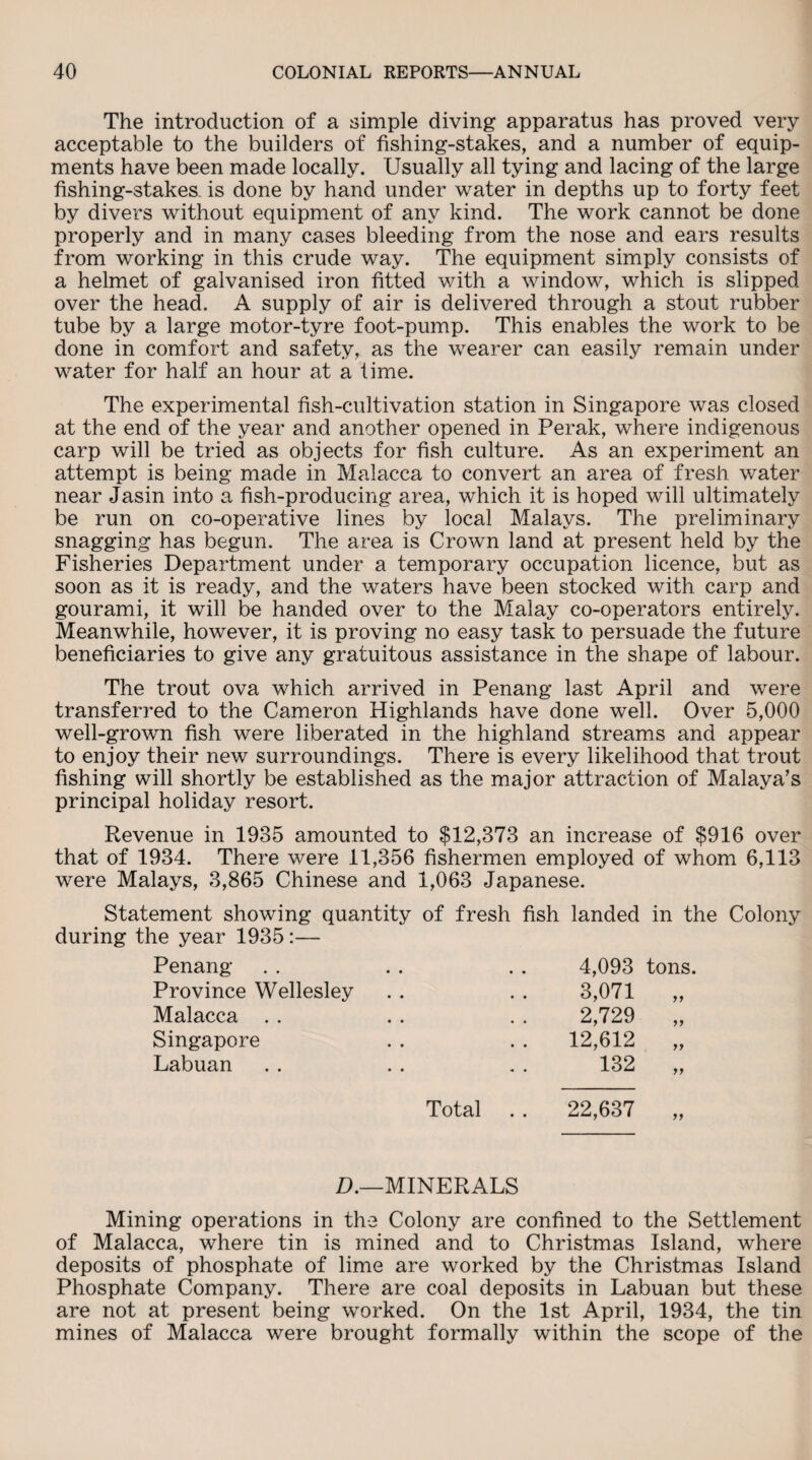 The introduction of a simple diving apparatus has proved very acceptable to the builders of fishing-stakes, and a number of equip¬ ments have been made locally. Usually all tying and lacing of the large fishing-stakes, is done by hand under water in depths up to forty feet by divers without equipment of any kind. The work cannot be done properly and in many cases bleeding from the nose and ears results from working in this crude way. The equipment simply consists of a helmet of galvanised iron fitted with a window, which is slipped over the head. A supply of air is delivered through a stout rubber tube by a large motor-tyre foot-pump. This enables the work to be done in comfort and safety, as the wearer can easily remain under water for half an hour at a lime. The experimental fish-cultivation station in Singapore was closed at the end of the year and another opened in Perak, where indigenous carp will be tried as objects for fish culture. As an experiment an attempt is being made in Malacca to convert an area of fresh water near Jasin into a fish-producing area, which it is hoped will ultimately be run on co-operative lines by local Malays. The preliminary snagging has begun. The area is Crown land at present held by the Fisheries Department under a temporary occupation licence, but as soon as it is ready, and the waters have been stocked with carp and gourami, it will be handed over to the Malay co-operators entirely. Meanwhile, however, it is proving no easy task to persuade the future beneficiaries to give any gratuitous assistance in the shape of labour. The trout ova which arrived in Penang last April and were transferred to the Cameron Highlands have done well. Over 5,000 well-grown fish were liberated in the highland streams and appear to enjoy their new surroundings. There is every likelihood that trout fishing will shortly be established as the major attraction of Malaya’s principal holiday resort. Revenue in 1935 amounted to $12,373 an increase of $916 over that of 1934. There were 11,356 fishermen employed of whom 6,113 were Malays, 3,865 Chinese and 1,063 Japanese. Statement showing quantity of fresh fish landed in the Colony during the year 1935:— Penang Province Wellesley Malacca . . Singapore Labuan 4,093 tons. 3,071 „ 2,729 „ 12,612 „ 132 „ Total . . 22,637 D.—MINERALS Mining operations in the Colony are confined to the Settlement of Malacca, where tin is mined and to Christmas Island, where deposits of phosphate of lime are worked by the Christmas Island Phosphate Company. There are coal deposits in Labuan but these are not at present being worked. On the 1st April, 1934, the tin mines of Malacca were brought formally within the scope of the