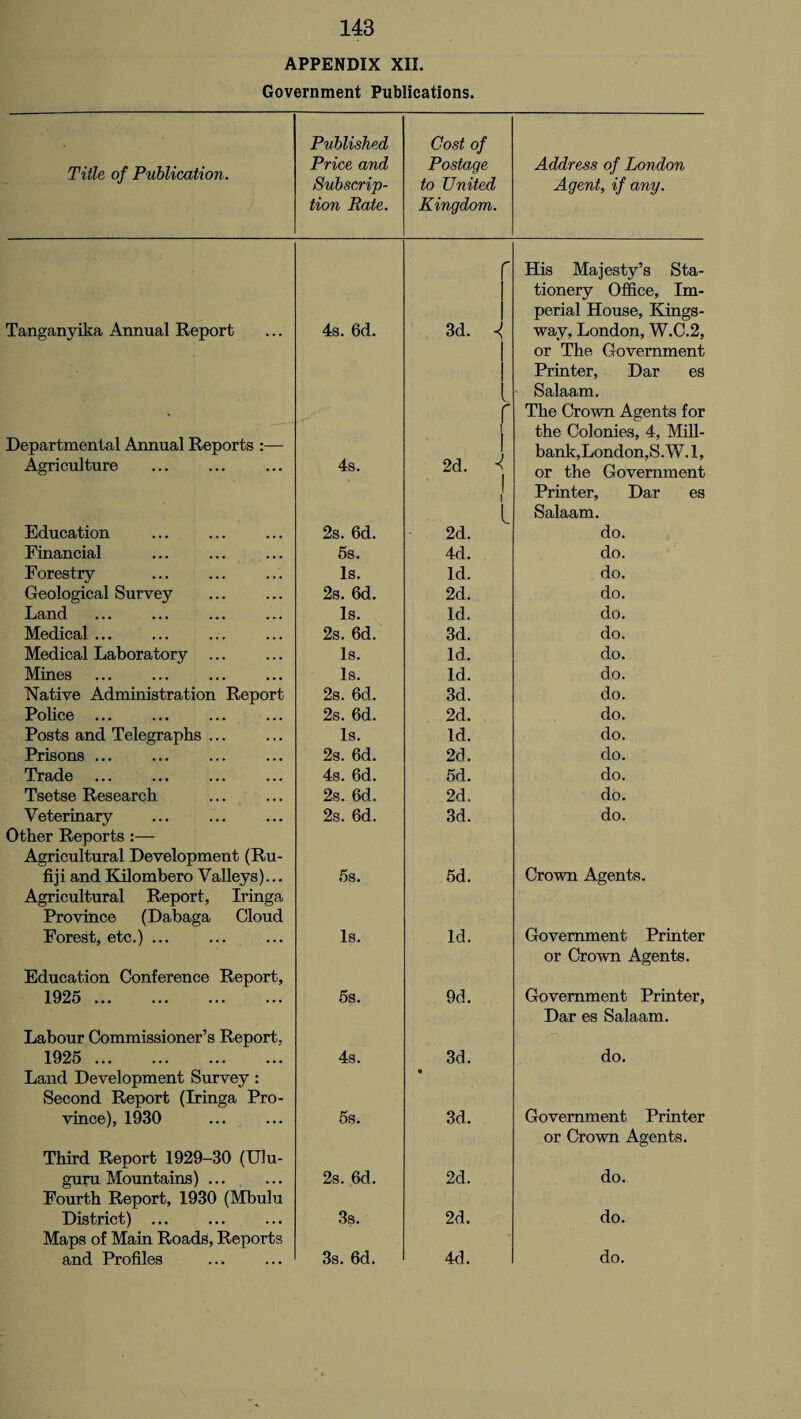 APPENDIX XII. Government Publications. Title of Publication. Published Price and Subscrip¬ tion Rate. Cost of Postage to United Kingdom. Address of London Agent, if any. f His Majesty’s Sta¬ tionery Office, Im¬ perial House, Kings- Tanganyika Annual Report Departmental Annual Reports :— 4s. 6d. CO way, London, W.C.2, or The Government Printer, Dar es Salaam. The Crown Agents for the Colonies, 4, Mill- bank,London,S.W. 1, Agriculture 4s. 2d. < L or the Government Printer, Dar es Salaam. Education 2s. 6d. 2d. do. Financial 5s. 4d. do. Forestry Is. Id. do. Geological Survey 2s. 6d. 2d. do. Land Is. Id. do. Medical ... 2s. 6d. 3d. do. Medical Laboratory ... Is. Id. do. Mines Is. Id. do. Native Administration Report 2s. 6d. 3d. do. Police ... 2s. 6d. 2d. do. Posts and Telegraphs ... Is. Id. do. Prisons ... 2s. 6d. 2d. do. Trade 4s. 6d. 5d. do. Tsetse Research 2s. 6d. 2d. do. Veterinary 2s. 6d. 3d. do. Other Reports :— Agricultural Development (Ru- fiji and Kilombero Valleys)... 5s. 5d. Crown Agents. Agricultural Report, Iringa Province (Dabaga Cloud Forest, etc.) ... Is. Id. Government Printer or Crown Agents. Education Conference Report, 1925 . 5s. 9d. Government Printer, Dar es Salaam. Labour Commissioner’s Report, 1925 . Land Development Survey : 4s. 3d. • do. Second Report (Iringa Pro- vince), 1930 5s. 3d. Government Printer or Crown Agents. Third Report 1929-30 (Ulu- guru Mountains) ... 2s. 6d. 2d. do. Fourth Report, 1930 (Mbulu District) ... 3s. 2d. do. Maps of Main Roads, Reports