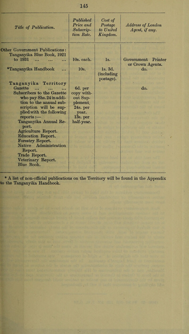 Title of Publication. Published Price and Subscrip¬ tion Rate. Cost of Postage to United Kingdom. Address of London Agent, if any. Other Government Publications: Tanganyika Blue Book, 1921 to 1931 10s. each. Is. Government Printer *Tanganyika Handbook 10s. Is. 3d. or Crown Agents, do. Tanganyika Territory Gazette ... ... ... Subscribers to the Gazette who pay Shs. 24 in addi¬ tion to the annual sub¬ scription will be sup¬ plied with the following reports :— Tanganyika Annual Re¬ port. Agriculture Report. Education Report.. Forestry Report. Native Administration Report. Trade Report. Veterinary Report. Blue Book. 6d. per copy with¬ out Sup¬ plement, 24s. per year. 13s. per half-year. (including postage). do. * A list of non-official publications on the Territory will be found in the Appendix to the Tanganyika Handbook.