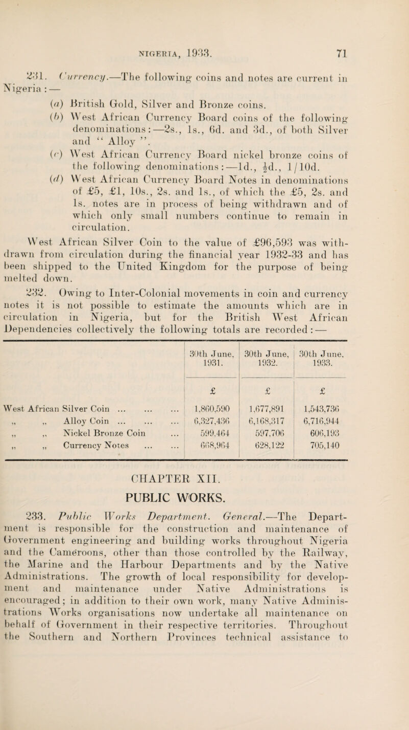 231. (’ u rrency.—The Nigeria : — following coins and notes are current in (a) British Gold, Silver and Bronze coins. (b) W est African Currency Board coins of the following denominations:—2s., Is., (id. and 3d., of both Silver and “ Alloy ”. (c) West Af rican Currency Board nickel bronze coins of the following denominations:—Id., Jd., l/10d. (d) W est African Currency Board Notes in denominations of £5, £1, 10s., 2s. and Is., of which the £5, 2s. and Is. notes are in process of being withdrawn and of which only small numbers continue to remain in circulation. W est African Silver Coin to the value of £96,593 was with¬ drawn from circulation during the financial year 1932-33 and has been shipped to the United Kingdom for the purpose of being melted down. 232. Owing to Inter-Colonial movements in coin and currency notes it is not possible to estimate the amounts which are in circulation in Nigeria, but for the British West African Dependencies collectively the following totals are recorded: — 30th June, 1931. 30th June, 1932. 30th June, 1933. £ £ £ West African Silver Coin. 1,800,590 1,077,891 1,543,730 „ ,, Alloy Coin ... 6,327,430 6,168,317 6,710,944 ,, ,, Nickel Bronze Coin 599.464 597,700 600,193 ,, ,, Currency Notes 008,904 028.122 705,140 CHAPTER XII. PUBLIC WORKS. 233. Public Works Department. General.—The Depart¬ ment is responsible for the construction and maintenance of Government engineering and building works throughout Nigeria and the Cameroons, other than those controlled by the Railway, the Marine and the Harbour Departments and by the Native Administrations. The growth of local responsibility for develop¬ ment and maintenance under Native Administrations is encouraged; in addition to their own work, many Native Adminis¬ trations Works organisations now undertake all maintenance on behalf of Government in their respective territories. Throughout the Southern and Northern Provinces technical assistance to