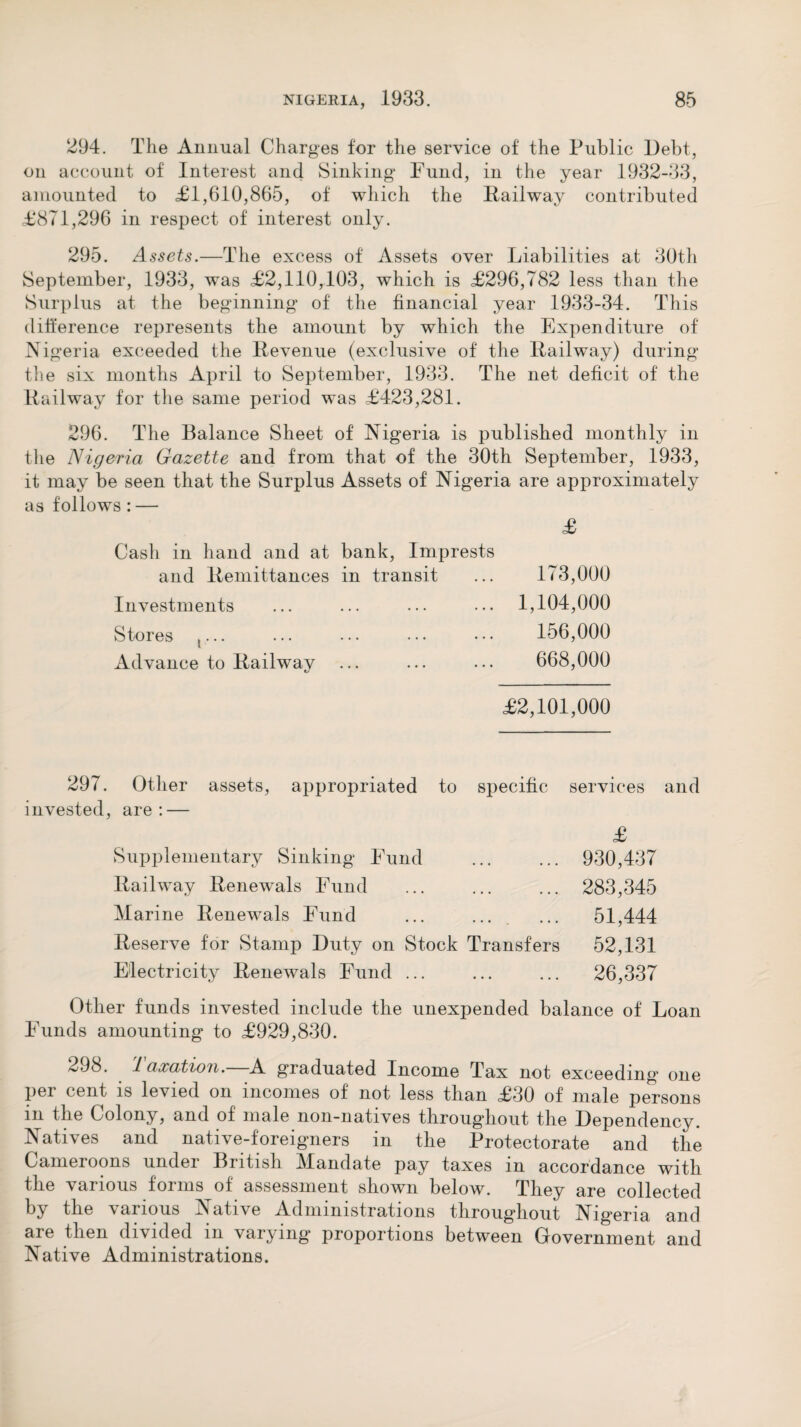 294. The Annual Charges for the service of the Public Debt, on account of Interest and Sinking Fund, in the year 1932-33, amounted to £1,610,865, of which the Pailway contributed £871,296 in respect of interest only. 295. Assets.—The excess of Assets over Liabilities at 30th September, 1933, was £2,110,103, which is £296,782 less than the Surplus at the beginning of the financial year 1933-34. This difference represents the amount by which the Expenditure of Nigeria exceeded the Revenue (exclusive of the Railway) during the six months April to September, 1933. The net deficit of the Railway for the same period was £423,281. 296. The Balance Sheet of Nigeria is published monthly in the Nigeria Gazette and from that of the 30th September, 1933, it may be seen that the Surplus Assets of Nigeria are approximately as follows : — £ Cash in hand and at bank, Imprests and Remittances in transit Investments Stores r.. Advance to Railway 173,000 1,104,000 156,000 668,000 £2,101,000 297. Other assets, appropriated to specific invested, are: — Supplementary Sinking Fund Railway Renewals Fund Marine Renewals Fund Reserve for Stamp Duty on Stock Transfers Electricity Renewals Fund ... services and £ 930,437 283,345 51,444 52,131 26,337 Other funds invested include the unexpended balance of Loan Funds amounting to £929,830. 298. 1 axation. A graduated Income Tax not exceeding one per cent is levied on incomes of not less than £30 of male persons m the Colony, and of male non-natives throughout the Dependency. Natives and native-foreigners in the Protectorate and the Cameroons under British Mandate pay taxes in accordance with the various forms of assessment shown below. They are collected by the various Native Administrations throughout Nigeria and are then divided in varying proportions between Government and Native Administrations.