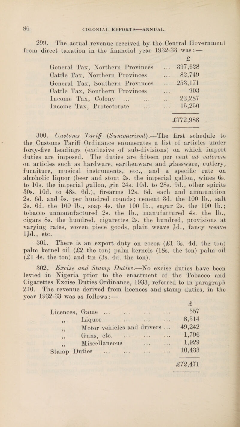 299. The actual revenue received by the Central Government from direct taxation in the financial year 1932-38 was : — £ General Tax, Northern Provinces ... 397,628 Cattle Tax, Northern Provinces ... 82,749 General Tax, Southern Provinces ... 253,171 Cattle Tax, Southern Provinces ... 903 Income Tax, Colony ... ... ... 23,287 Income Tax, Protectorate ... ... 15,250 £772,988 800. Customs Tariff (Summarised).—The first schedule to the Customs Tariff Ordinance enumerates a list of articles under forty-five headings (exclusive of sub-divisions) on which import duties are imposed. The duties are fifteen per cent ad valorem on articles such as hardware, earthenware and glassware, cutlery, furniture, musical instruments, etc., and a specific rate on alcoholic liquor (beer and stout 2s. the imperial gallon, wines 6s. to 10s. the imperial gallon, gin 24s. lOd. to 28s. 9d., other spirits 30s. lOd. to 48s. 6d.), firearms 12s. fid. each and ammunition 2s. 6d. and 5s. per hundred rounds; cement 3d. the 100 lb., salt 2s. 6d. the 100 lb., soap 4s. the 100 lb., sugar 2s. the 100 lb.; tobacco unmanufactured 2s. the lb., manufactured 4s. the lb., cigars 8s. the hundred, cigarettes 2s. the hundred, provisions at varying rates, woven piece goods, plain weave §d., fancy weave ljd., etc. 301. There is an export duty on cocoa (£1 3s. 4d. the ton) palm kernel oil (£2 the ton) palm kernels (18s. the ton) palm oil (£1 4s. the ton) and tin (3s. 4d. the ton). 302, Excise and Stamp Duties.—No excise duties have been levied in Nigeria prior to the enactment of the Tobacco and Cigarettes Excise Duties Ordinance,. 1933, referred to in paragraph 270. The revenue derived from licences and stamp duties, in the year 1932-33 was as follows: — £ Licences, Game ... ... ... ... 557 ,, Liquor ... ... ... 8,514 Motor vehicles and drivers ... 49,242 ,, Guns, etc. ... ... ... 1,796 ,, Miscellaneous . 1,929 Stamp Duties ... ... ••• ••• 10,433 £72,471
