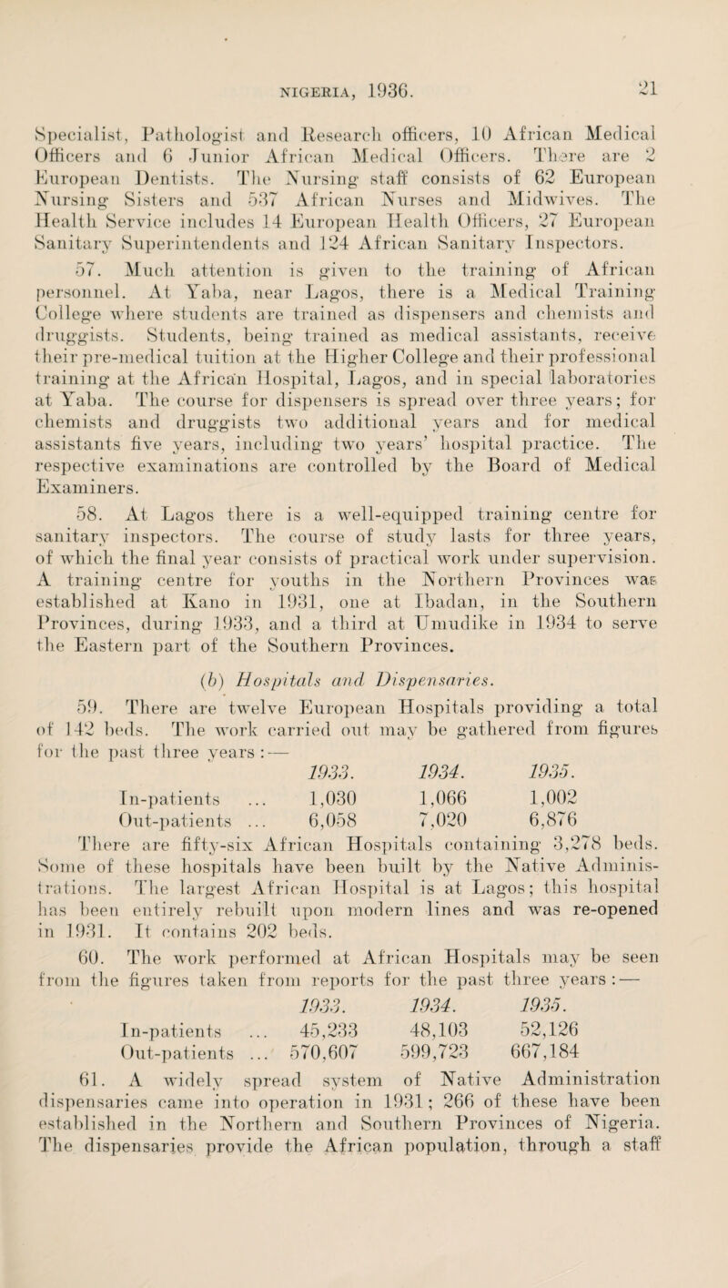 Specialist, Pathologist and Research officers, 10 African Medical Officers and 6 Junior African Medical Officers. There are 2 European Dentists. The Nursing staff consists of 62 European Nursing Sisters and 537 African Nurses and Midwives. The Health Service includes 14 European Health Officers, 27 European Sanitary Superintendents and 124 African Sanitary Inspectors. 57. Much attention is given to the training of African personnel. At Yaba, near Lagos, there is a Medical Training- College where students are trained as dispensers and chemists and druggists. Students, being trained as medical assistants, receive their pre-medical tuition at the Higher College and their professional training at the African Hospital, Lagos, and in special laboratories at Yaba. The course for dispensers is spread over three years; for chemists and druggists two additional years and for medical assistants five years, including two years’ hospital practice. The respective examinations are controlled by the Board of Medical Examiners. 58. At Lagos there is a well-equipped training centre for sanitary inspectors. The course of study lasts for three years, of which the final year consists of practical work under supervision. A training centre for youths in the Northern Provinces wap- established at Kano in 1931, one at Ibadan, in the Southern Provinces, during 1933, and a third at TJmudike in 1934 to serve the Eastern part of the Southern Provinces. (b) Hospitals and Dispensaries. 59. There are twelve European Hospitals providing a total of 142 beds. The work carried out may be gathered from figures for the past three years: — 1933. 1934. 1935. In-patients ... 1,030 1,066 1,002 Out-patients ... 6,058 7,020 6,876 There are fifty-six African Hospitals containing 3,278 beds. Some of these hospitals have been built by the Native Adminis¬ trations. The largest African Hospital is at Lagos; this hospital has been entirely rebuilt upon modern lines and was re-opened in 1931. It contains 202 beds. 60. The work performed at African Hospitals may be seen from the figures taken from reports for the past three years: — 1933. 1934. 1935. In-patients ... 45,233 48,103 52,126 Out-patients ... 570,607 599,723 667,184 61. A widely spread system of Native Administration dispensaries came into operation in 1931; 266 of these bave been established in the Northern and Southern Provinces of Nigeria. The dispensaries provide the African population, through a staff