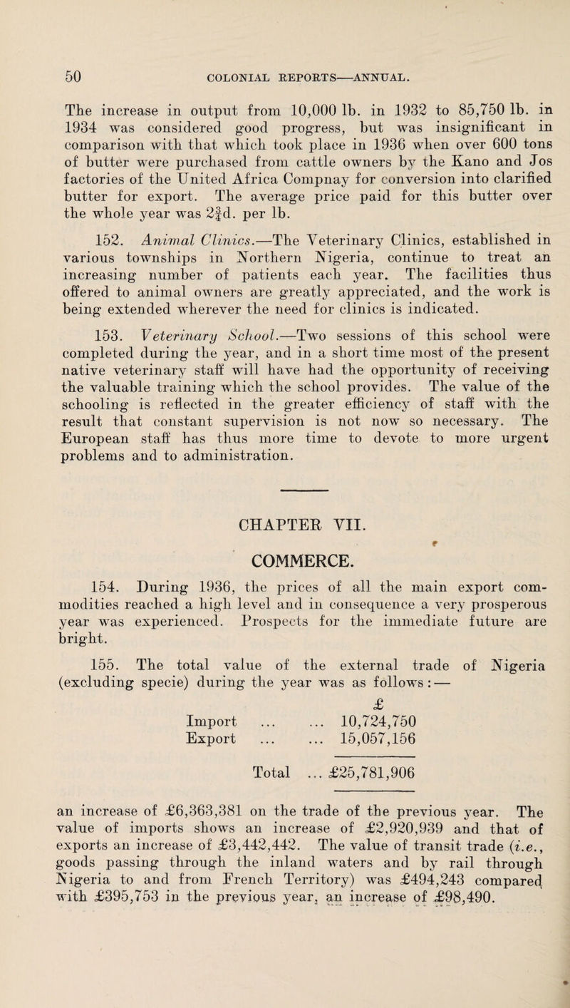 The increase in output from 10,000 lb. in 1932 to 85,750 lb. in 1934 was considered good progress, but was insignificant in comparison with that which took place in 1936 when over 600 tons of butter were purchased from cattle owners by the Kano and Jos factories of the United Africa Compnay for conversion into clarified butter for export. The average price paid for this butter over the whole year was 2fd. per lb. 152. Animal Clinics.—The Veterinary Clinics, established in various townships in Northern Nigeria, continue to treat an increasing number of patients each year. The facilities thus offered to animal owners are greatly appreciated, and the work is being extended wherever the need for clinics is indicated. 153. Veterinary School.—Two sessions of this school were completed during the year, and in a short time most of the present native veterinary staff will have had the opportunity of receiving the valuable training which the school provides. The value of the schooling is reflected in the greater efficiency of staff with the result that constant supervision is not now so necessary. The European staff has thus more time to devote to more urgent problems and to administration. CHAPTEK VII. e COMMERCE. 154. During 1936, the prices of all the main export com¬ modities reached a high level and in consequence a very prosperous year was experienced. Prospects for the immediate future are bright. 155. The total value of the external trade of Nigeria (excluding specie) during the year was as follows : — £ Import ... ... 10,724,750 Export ... ... 15,057,156 Total ... £25,781,906 an increase of £6,363,381 on the trade of the previous year. The value of imports shows an increase of £2,920,939 and that of exports an increase of £3,442,442. The value of transit trade (i.e., goods passing through the inland waters and by rail through Nigeria to and from French Territory) was £494,243 compared! with £395,753 in the previous year, an increase of £98,490.