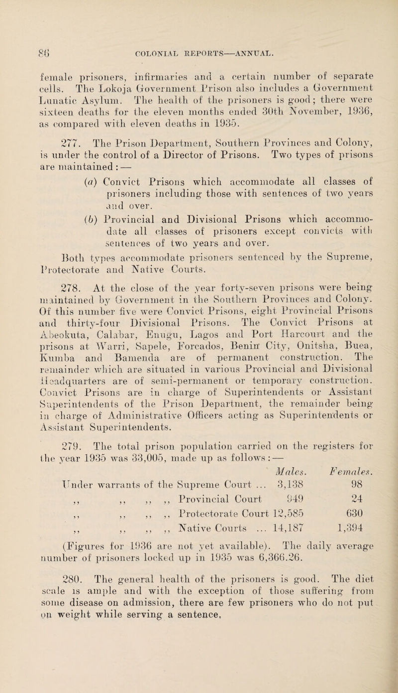 COLONIAL REPORTS •ANNUAL. QC CO female prisoners, infirmaries and a certain number of separate cells. The Lokoja Government Prison also includes a Government Lunatic Asylum. The health of the prisoners is good; there were sixteen deaths for the eleven months ended 30th November, 1936, as compared with eleven deaths in 1935. 277. The Prison Department, Southern Provinces and Colony, is under the control of a Director of Prisons. Two types of prisons are maintained : — (a) Convict Prisons which accommodate all classes of prisoners including those with sentences of two years and over. (b) Provincial and Divisional Prisons which accommo¬ date all classes of prisoners except convicts witfi sentences of two years and over. Doth types accommodate prisoners sentenced by the Supreme, Protectorate and Native Courts. 278. At the close of the year forty-seven prisons were being- maintained by Government in the Southern Provinces and Colony. Of this number five were Convict Prisons, eight Provincial Prisons and thirty-four Divisional Prisons. The Convict Prisons at Abeokuta, Calabar, Enugu, Lagos and Port Harcourt and the prisons at Warri, Sapele, Forcados, Benin City, Onitsha, Buea, Rumba and Bamenda are of permanent construction. The remainder which are situated in various Provincial and Divisional Headquarters are of semi-permanent or temporary construction. Convict Prisons are in charge of Superintendents or Assistant Superintendents of the Prison Department, the remainder being in charge of Administrative Officers acting as Superintendents or Assistant Superintendents. 279. The total prison population carried on the registers for the year 1935 was 33,005, made up as follows: — Males. Females. Under warrants of the Supreme Court ... 3,138 98 ,, ,, ,, ,, Provincial Court 949 24 ,, ,, ,, ,, Protectorate Court 12,585 630 ,, ,, ,, ,, Native Courts ... 14,187 1,394 (Figures for 1936 are not yet available). The daily average number of prisoners locked up in 1935 was 6,366.26. 280. The general health of the prisoners is good. The diet scale is ample and with the exception of those suffering from some disease on admission, there are few prisoners who do not put on weight while serving a sentence.