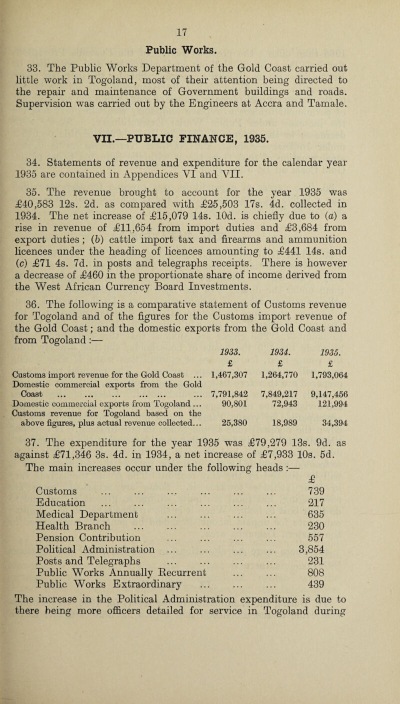 Public Works. 33. The Public Works Department of the Gold Coast carried out little work in Togoland, most of their attention being directed to the repair and maintenance of Government buildings and roads. Supervision was carried out by the Engineers at Accra and Tamale. VII.—PUBLIC FINANCE, 1935. 34. Statements of revenue and expenditure for the calendar year 1935 are contained in Appendices VI and VII. 35. The revenue brought to account for the year 1935 was T40,583 12s. 2d. as compared with T25,503 17s. 4d. collected in 1934. The net increase of T15,079 14s. lOd. is chiefly due to (a) a rise in revenue of Til,654 from import duties and T3,684 from export duties; (b) cattle import tax and firearms and ammunition licences under the heading of licences amounting to T441 14s. and (c) T71 4s. 7d. in posts and telegraphs receipts. There is however a decrease of T460 in the proportionate share of income derived from the West African Currency Board Investments. 36. The following is a comparative statement of Customs revenue for Togoland and of the figures for the Customs import revenue of the Gold Coast; and the domestic exports from the Gold Coast and from Togoland :— 1933. 1934. 1935. £ £ £ Customs import revenue for the Gold Coast ... Domestic commercial exports from the Gold 1,467,307 1,264,770 1,793,064 Coast ... .. ■ ... ... ... ... 7,791,842 7,849,217 9,147,456 Domestic commercial exports from Togoland ... Customs revenue for Togoland based on the 90,801 72,943 121,994 above figures, plus actual revenue collected... 25,380 18,989 34,394 37. The expenditure for the year 1935 was T79,279 13s. 9d. as against T71,346 3s. 4d. in 1934, a net increase of T7,933 10s. 5d. The main increases occur under the following heads :— £ Customs ... ... ... ... ... ... 739 Education ... ... ... ... ... ... 217 Medical Department ... ... ... ... 635 Health Branch ... ... ... ... ... 230 Pension Contribution ... ... ... ... 557 Political Administration ... ... ... ... 3,854 Posts and Telegraphs ... ... ... ... 231 Public Works Annually Becurrent ... ... 808 Public Works Extraordinary ... ... ... 439 The increase in the Political Administration expenditure is due to there being more officers detailed for service in Togoland during