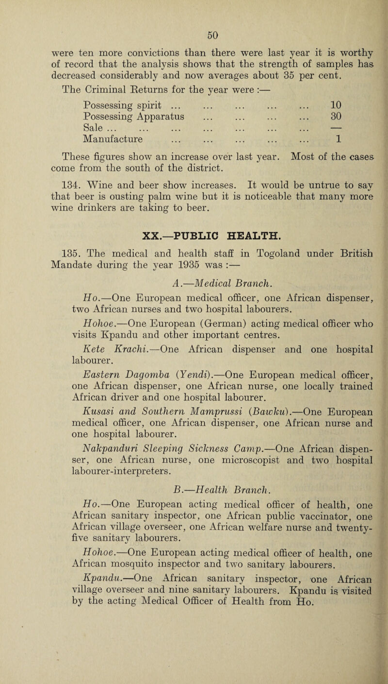 were ten more convictions than there were last year it is worthy of record that the analysis shows that the strength of samples has decreased considerably and now averages about 35 per cent. The Criminal Returns for the year were :— Possessing spirit ... ... ... ... ... 10 Possessing Apparatus ... ... ... ... 30 Sale. — Manufacture ... ... ... ... ... 1 These figures show an increase over last year. Most of the cases come from the south of the district. 134. Wine and beer show increases. It would be untrue to sav i/ that beer is ousting palm wine but it is noticeable that many more wine drinkers are taking to beer. XX.—PUBLIC HEALTH. 135. The medical and health staff in Togoland under British Mandate during the year 1935 was :— A. —Medical Branch. Ho.—One European medical officer, one African dispenser, two African nurses and two hospital labourers. Hohoe.—One European (German) acting medical officer who visits Kpandu and other important centres. Kete Krachi.—One African dispenser and one hospital labourer. Eastern Dagomba (Yendi).—One European medical officer, one African dispenser, one African nurse, one locally trained African driver and one hospital labourer. Kusasi and Southern Mamprussi (Bawku).—One European medical officer, one African dispenser, one African nurse and one hospital labourer. Nakpanduri Sleeping Sickness Camp.—One African dispen¬ ser, one African nurse, one microscopist and two hospital labourer-interpreters. B. —Health Branch. Ho.—One European acting medical officer of health, one African sanitary inspector, one African public vaccinator, one African village overseer, one African welfare nurse and twenty- five sanitary labourers. %J Hohoe.—One European acting medical officer of health, one African mosquito inspector and two sanitary labourers. Kpandu.—One African sanitary inspector, one African village overseer and nine sanitary labourers. Kpandu is visited by the acting Medical Officer of Health from Ho.