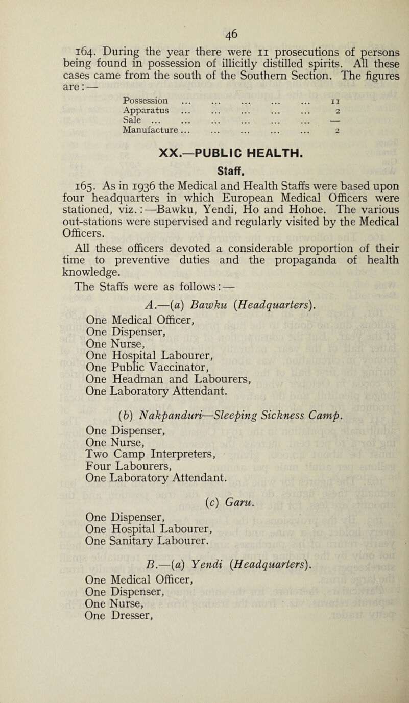 164. During the year there were 11 prosecutions of persons being found in possession of illicitly distilled spirits. All these cases came from the south of the Southern Section. The figures are: — Possession ... ... ... ... ... 11 Apparatus ... ... ... ... ... 2 Qo 1 fk vJdlv ••• ••• ••• ••• ••• ••• Manufacture... ... ... ... ... 2 XX.—PUBLIC HEALTH. Staff. 165. As in 1936 the Medical and Health Staffs were based upon four headquarters in which European Medical Officers were stationed, viz.:—Bawku, Yendi, Ho and Hohoe. The various out-stations were supervised and regularly visited by the Medical Officers. All these officers devoted a considerable proportion of their time to preventive duties and the propaganda of health knowledge. The Staffs were as follows: — A. —(a) Bawku (Headquarters). One Medical Officer, One Dispenser, One Nurse, One Hospital Labourer, One Public Vaccinator, One Headman and Labourers, One Laboratory Attendant. (b) Nakpanduri—Sleeping Sickness Camp. One Dispenser, One Nurse, Two Camp Interpreters, Four Labourers, One Laboratory Attendant. (c) Garu. One Dispenser, One Hospital Labourer, One Sanitary Labourer. B. —(a) Yendi (Headquarters). One Medical Officer, One Dispenser, One Nurse, One Dresser,