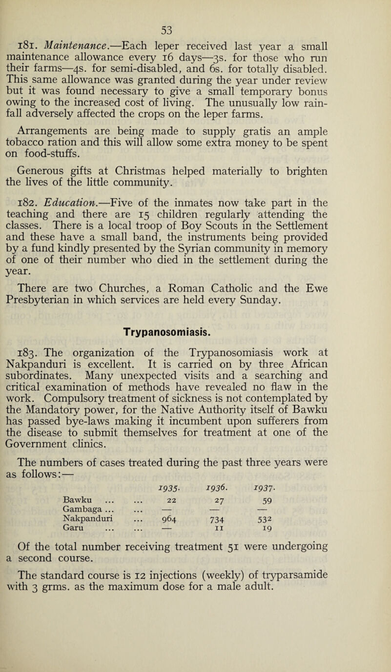 181. Maintenance.—Each leper received last year a small maintenance allowance every 16 days—3s. for those who run their farms—4s. for semi-disabled, and 6s. for totally disabled. This same allowance was granted during the year under review but it was found necessary to give a small temporary bonus owing to the increased cost of living. The unusually low rain¬ fall adversely affected the crops on the leper farms. Arrangements are being made to supply gratis an ample tobacco ration and this will allow some extra money to be spent on food-stuffs. Generous gifts at Christmas helped materially to brighten the lives of the little community. 182. Education.—Five of the inmates now take part in the teaching and there are 15 children regularly attending the classes. There is a local troop of Boy Scouts in the Settlement and these have a small band, the instruments being provided by a fund kindly presented by the Syrian community in memory of one of their number who died in the settlement during the year. There are two Churches, a Roman Catholic and the Ewe Presbyterian in which services are held every Sunday. Trypanosomiasis. 183. The organization of the Trypanosomiasis work at Nakpanduri is excellent. It is carried on by three African subordinates. Many unexpected visits and a searching and critical examination of methods have revealed no flaw in the work. Compulsory treatment of sickness is not contemplated by the Mandatory power, for the Native Authority itself of Bawku has passed bye-laws making it incumbent upon sufferers from the disease to submit themselves for treatment at one of the Government clinics. The numbers of cases treated during the past three years were as follows: — Bawku 1935• 22 1936. 27 1937- 59 Gambaga ... • • • — — Nakpanduri 964 734 532 Garu ... — 11 19 Of the total number receiving treatment 51 were undergoing a second course. The standard course is 12 injections (weekly) of tryparsamide with 3 grms. as the maximum dose for a male adult.