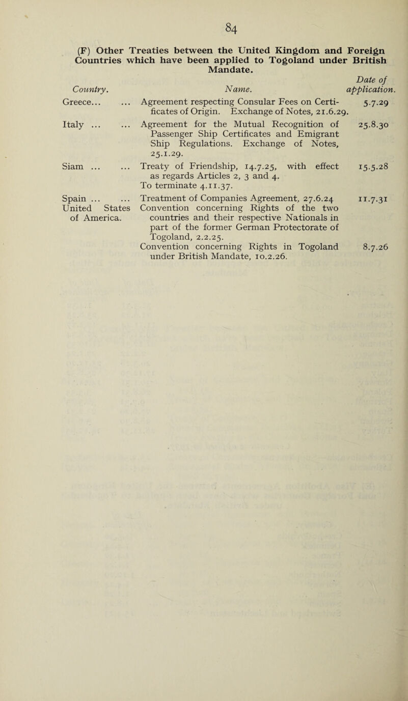 (F) Other Treaties between the United Kingdom and Foreign Countries which have been applied to Togoland under British Mandate. Country. Name. Date of application. Greece... Italy ... Siam ... Agreement respecting Consular Fees on Certi- 5-7-29 ficates of Origin. Exchange of Notes, 21.6.29. Agreement for the Mutual Recognition of 25.8.30 Passenger Ship Certificates and Emigrant Ship Regulations. Exchange of Notes, 25.1.29. Treaty of Friendship, 14.7.25, with effect 15.5.28 as regards Articles 2, 3 and 4. To terminate 4.11.37. Spain ... ... Treatment of Companies Agreement, 27.6.24 11.7.31 United States Convention concerning Rights of the two of America. countries and their respective Nationals in part of the former German Protectorate of Togoland, 2.2.25. Convention concerning Rights in Togoland 8.7.26 under British Mandate, 10.2.26.
