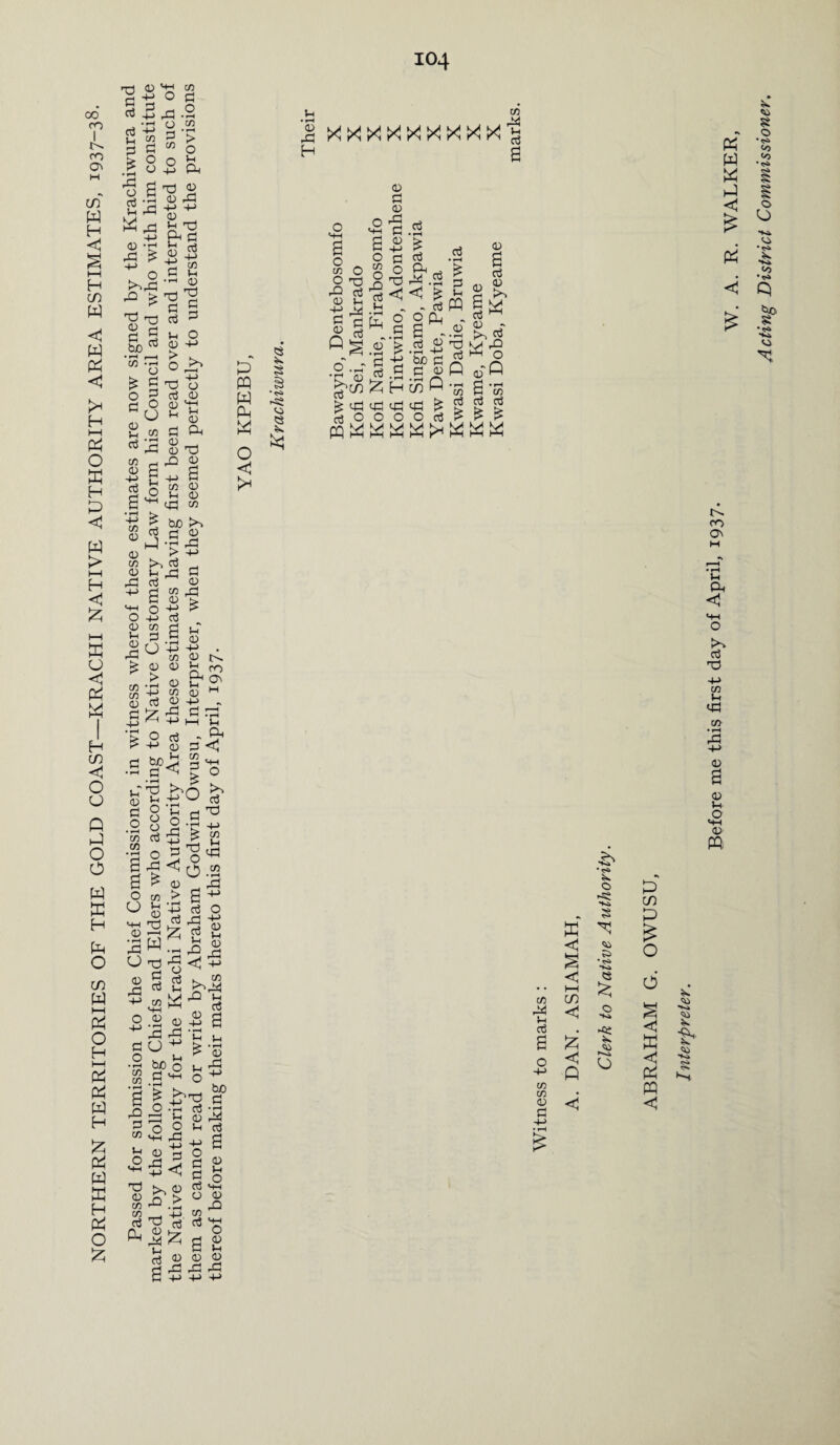 NORTHERN TERRITORIES OF THE GOLD COAST—KRACHI NATIVE AUTHORITY AREA ESTIMATES, i937~38- Passed for submission to the Chief Commissioner, in witness whereof these estimates are now signed by the Krachiwura and marked by the following Chiefs and Elders who according to Native Customary Law form his Council and who with him constitute the Native Authority for the Krachi Native Authority Area these estimates having first been read over and interpreted to such of them as cannot read or write by Abraham Godwin Owusu, Interpreter, when they seemed perfectly to understand the provisions IO4 £ Ph 0 •h -Si <5 nnnnnnnnn rQ 03 £ ^ 5™ £ & 3 o3 < * § < £ O CL, £ . id £ s >> d aT Q £ £ £ « M u Ph < C\ Oh < >v TO 4-> C/3 4-> 0 to a3 TO -p CO bO -P <D 4-» rt 0 fl • rH 44 a3 £ 0 M-t 0 LO •L> •«* -Si ■*0 CO <1 » * H •k» l-H CO £ d r^ < 0 •*>» § J-H -C£ < <1 CO 0 d -p < 0 M-l 0- $* ■Kk 0 0 43