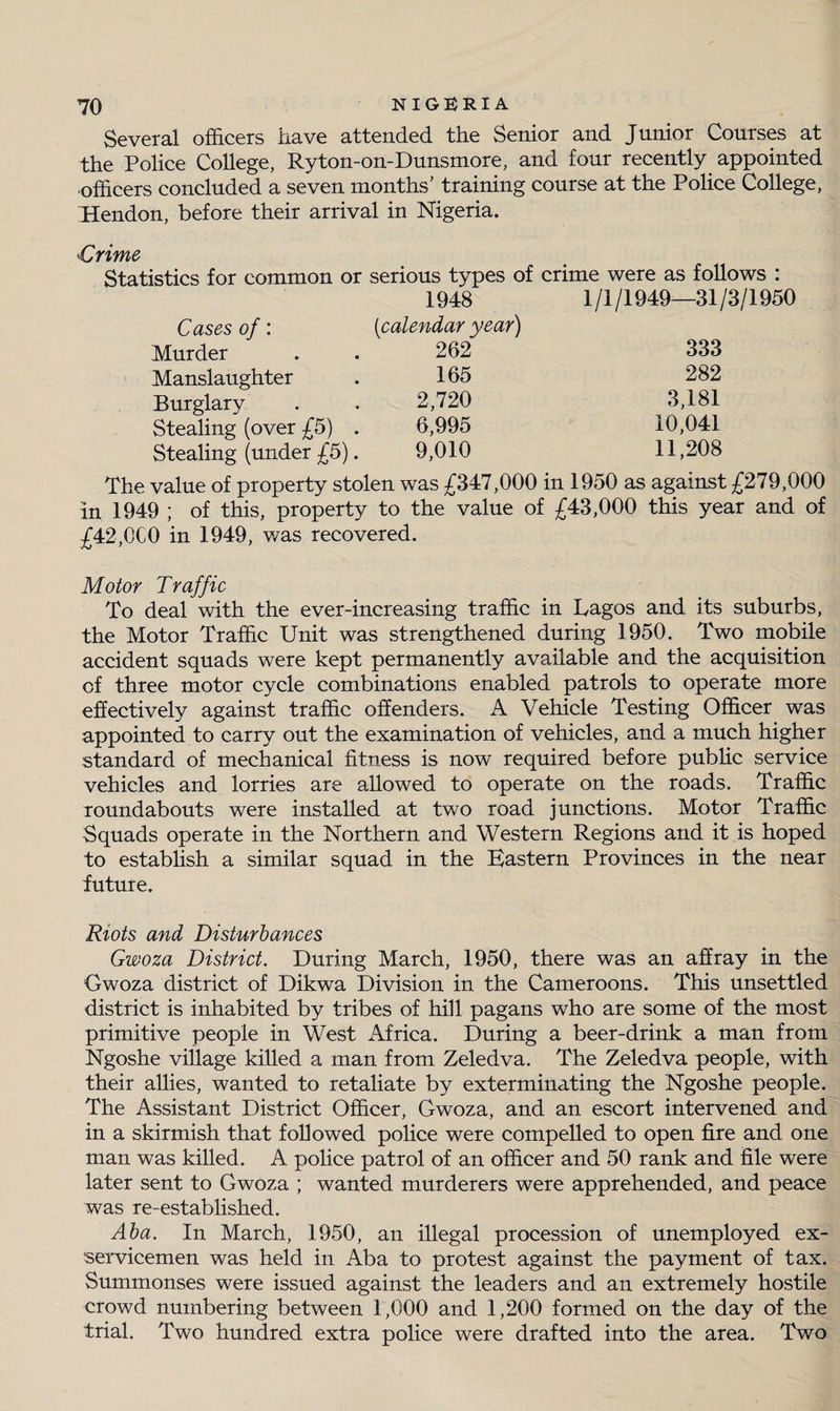 Several officers have attended the Senior and Junior Courses at the Police College, Ryton-on-Dunsmore, and four recently appointed officers concluded a seven months’ training course at the Police College, Hendon, before their arrival in Nigeria. Crime Statistics for common or serious types of crime were as follows : 1948 1/1/1949—31/3/1950 Cases of: [calendar year) Murder 262 333 Manslaughter 165 282 Burglary 2,720 3,181 Stealing (over £5) . 6,995 10,041 Stealing (under £5). 9,010 11,208 The value of property stolen was £347,000 in 1950 as against £279,000 in 1949 ; of this, property to the value of £43,000 this year and of £42,000 in 1949, was recovered. Motor Traffic To deal with the ever-increasing traffic in Lagos and its suburbs, the Motor Traffic Unit was strengthened during 1950. Two mobile accident squads were kept permanently available and the acquisition of three motor cycle combinations enabled patrols to operate more effectively against traffic offenders. A Vehicle Testing Officer was appointed to carry out the examination of vehicles, and a much higher standard of mechanical fitness is now required before public service vehicles and lorries are allowed to operate on the roads. Traffic roundabouts were installed at two road junctions. Motor Traffic Squads operate in the Northern and Western Regions and it is hoped to establish a similar squad in the Eastern Provinces in the near future. Riots and Disturbances Gwoza District. During March, 1950, there was an affray in the Gwoza district of Dikwa Division in the Cameroons. This unsettled district is inhabited by tribes of hill pagans who are some of the most primitive people in West Africa. During a beer-drink a man from Ngoshe village killed a man from Zeledva. The Zeledva people, with their allies, wanted to retaliate by exterminating the Ngoshe people. The Assistant District Officer, Gwoza, and an escort intervened and in a skirmish that followed police were compelled to open fire and. one man was killed. A police patrol of an officer and 50 rank and file were later sent to Gwoza ; wanted murderers were apprehended, and peace was re-established. Aba. In March, 1950, an illegal procession of unemployed ex- servicemen was held in Aba to protest against the payment of tax. Summonses were issued against the leaders and an extremely hostile crowd numbering between 4,000 and 1,200 formed on the day of the trial. Two hundred extra police were drafted into the area. Two