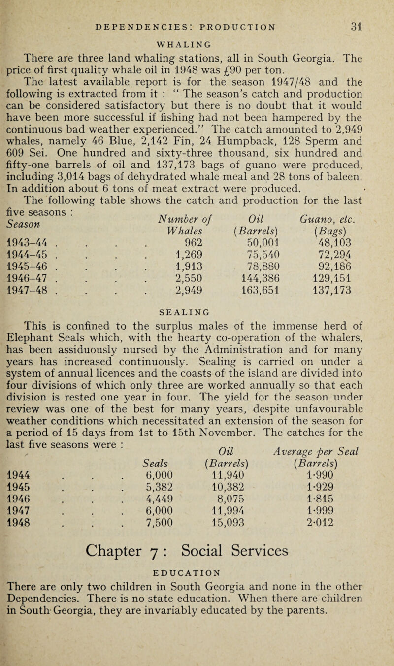 WHALING There are three land whaling stations, all in South Georgia. The price of first quality whale oil in 1948 was £90 per ton. The latest available report is for the season 1947/48 and the following is extracted from it : “ The season’s catch and production can be considered satisfactory but there is no doubt that it would have been more successful if fishing had not been hampered by the continuous bad weather experienced.” The catch amounted to 2,949 whales, namely 46 Blue, 2,142 Fin, 24 Humpback, 128 Sperm and 609 Sei. One hundred and sixty-three thousand, six hundred and fifty-one barrels of oil and 137,173 bags of guano were produced, including 3,014 bags of dehydrated whale meal and 28 tons of baleen. In addition about 6 tons of meat extract were produced. The following table shows the catch and production for the last five seasons : Season Number of Oil Guano, etc Whales (Barrels) (Bags) 1943-44 . 962 50,001 48,103 1944-45 . 1,269 75,540 72,294 1945-46 . 1,913 78,880 92,186 1946-47 . 2,550 144,386 129,151 1947-48 . 2,949 SEALING 163,651 137,173 This is confined to the surplus males of the immense herd of Elephant Seals which, with the hearty co-operation of the whalers, has been assiduously nursed by the Administration and for many years has increased continuously. Sealing is carried on under a system of annual licences and the coasts of the island are divided into four divisions of which only three are worked annually so that each division is rested one year in four. The yield for the season under review was one of the best for many years, despite unfavourable weather conditions which necessitated an extension of the season for a period of 15 days from 1st to 15th November. The catches for the last five seasons were : /* Seals Oil (Barrels) Average per (Barrels) 1944 6,000 11,940 1-990 1945 5,382 10,382 1-929 1946 4,449 8,075 1-815 1947 6,000 11,994 1-999 1948 7,500 15,093 2-012 Chapter 7 : Social Services EDUCATION There are only two children in South Georgia and none in the other Dependencies. There is no state education. When there are children in South Georgia, they are invariably educated by the parents.