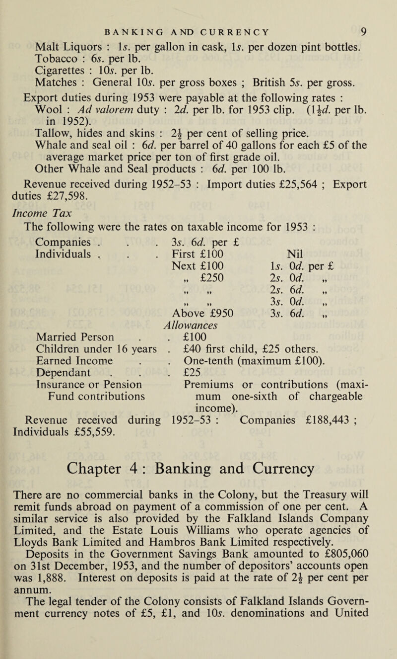 Malt Liquors : 1 s. per gallon in cask, \s. per dozen pint bottles. Tobacco : 6s. per lb. Cigarettes : 105. per lb. Matches : General 105. per gross boxes ; British 5s. per gross. Export duties during 1953 were payable at the following rates : Wool : Ad valorem duty : 2d. per lb. for 1953 clip. (1 \d. per lb. in 1952). Tallow, hides and skins : 2\ per cent of selling price. Whale and seal oil : 6d. per barrel of 40 gallons for each £5 of the average market price per ton of first grade oil. Other Whale and Seal products : 6d. per 100 lb. Revenue received during 1952-53 : Import duties £25,564 ; Export duties £27,598. Income Tax The following were the rates on taxable income for 1953 Companies Individuals 3s. 6d. per First £100 Next £100 „ £250 Nil Is. 0d. per £ 2s. 0d. „ 2s. 6d. ii 35. 0d. „ 35. 6d. „ Married Person Children under 16 years Earned Income Dependant Insurance or Pension Fund contributions Above £950 Allowances . £100 . £40 first child, £25 others. . One-tenth (maximum £100). . £25 Premiums or contributions (maxi¬ mum one-sixth of chargeable income). Revenue received during 1952-53 : Companies £188,443 Individuals £55,559. Chapter 4 : Banking and Currency There are no commercial banks in the Colony, but the Treasury will remit funds abroad on payment of a commission of one per cent. A similar service is also provided by the Falkland Islands Company Limited, and the Estate Louis Williams who operate agencies of Lloyds Bank Limited and Hambros Bank Limited respectively. Deposits in the Government Savings Bank amounted to £805,060 on 31st December, 1953, and the number of depositors’ accounts open was 1,888. Interest on deposits is paid at the rate of 2\ per cent per annum. The legal tender of the Colony consists of Falkland Islands Govern¬ ment currency notes of £5, £1, and 105. denominations and United