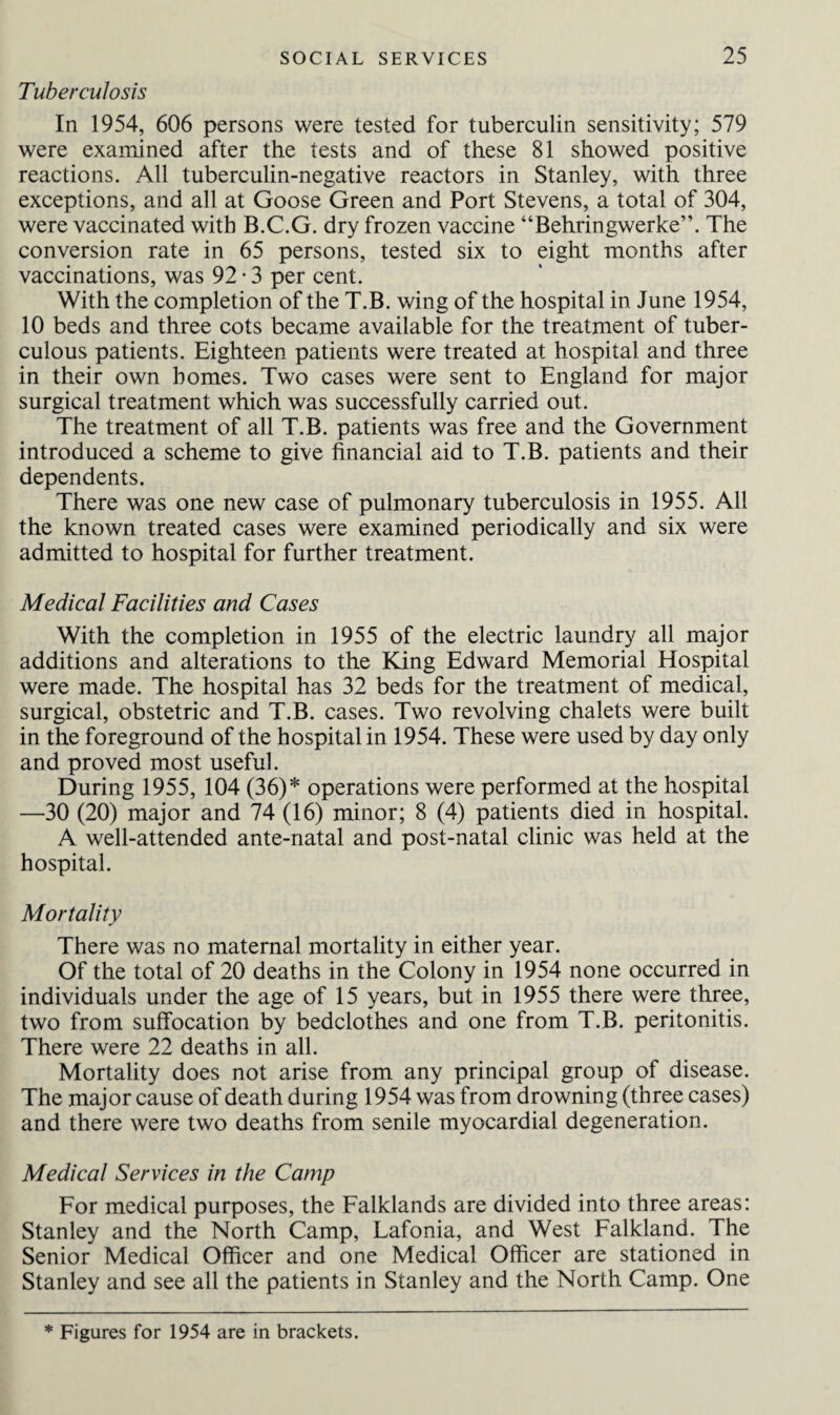 Tuberculosis In 1954, 606 persons were tested for tuberculin sensitivity; 579 were examined after the tests and of these 81 showed positive reactions. All tuberculin-negative reactors in Stanley, with three exceptions, and all at Goose Green and Port Stevens, a total of 304, were vaccinated with B.C.G. dry frozen vaccine “Behringwerke”. The conversion rate in 65 persons, tested six to eight months after vaccinations, was 92 • 3 per cent. With the completion of the T.B. wing of the hospital in June 1954, 10 beds and three cots became available for the treatment of tuber¬ culous patients. Eighteen patients were treated at hospital and three in their own homes. Two cases were sent to England for major surgical treatment which was successfully carried out. The treatment of all T.B. patients was free and the Government introduced a scheme to give financial aid to T.B. patients and their dependents. There was one new case of pulmonary tuberculosis in 1955. All the known treated cases were examined periodically and six were admitted to hospital for further treatment. Medical Facilities and Cases With the completion in 1955 of the electric laundry all major additions and alterations to the King Edward Memorial Hospital were made. The hospital has 32 beds for the treatment of medical, surgical, obstetric and T.B. cases. Two revolving chalets were built in the foreground of the hospital in 1954. These were used by day only and proved most useful. During 1955, 104 (36)* operations were performed at the hospital —30 (20) major and 74 (16) minor; 8 (4) patients died in hospital. A well-attended ante-natal and post-natal clinic was held at the hospital. Mortality There was no maternal mortality in either year. Of the total of 20 deaths in the Colony in 1954 none occurred in individuals under the age of 15 years, but in 1955 there were three, two from suffocation by bedclothes and one from T.B. peritonitis. There were 22 deaths in all. Mortality does not arise from any principal group of disease. The major cause of death during 1954 was from drowning (three cases) and there were two deaths from senile myocardial degeneration. Medical Services in the Camp For medical purposes, the Falklands are divided into three areas: Stanley and the North Camp, Lafonia, and West Falkland. The Senior Medical Officer and one Medical Officer are stationed in Stanley and see all the patients in Stanley and the North Camp. One * Figures for 1954 are in brackets.