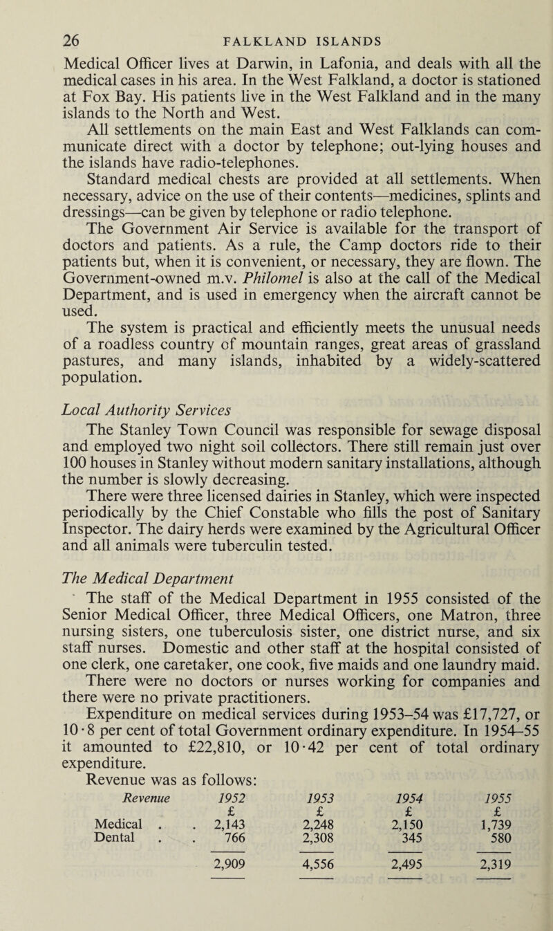 Medical Officer lives at Darwin, in Lafonia, and deals with all the medical cases in his area. In the West Falkland, a doctor is stationed at Fox Bay. His patients live in the West Falkland and in the many islands to the North and West. All settlements on the main East and West Falklands can com¬ municate direct with a doctor by telephone; out-lying houses and the islands have radio-telephones. Standard medical chests are provided at all settlements. When necessary, advice on the use of their contents—medicines, splints and dressings—can be given by telephone or radio telephone. The Government Air Service is available for the transport of doctors and patients. As a rule, the Camp doctors ride to their patients but, when it is convenient, or necessary, they are flown. The Government-owned m.v. Philomel is also at the call of the Medical Department, and is used in emergency when the aircraft cannot be used. The system is practical and efficiently meets the unusual needs of a roadless country of mountain ranges, great areas of grassland pastures, and many islands, inhabited by a widely-scattered population. Local Authority Services The Stanley Town Council was responsible for sewage disposal and employed two night soil collectors. There still remain just over 100 houses in Stanley without modern sanitary installations, although the number is slowly decreasing. There were three licensed dairies in Stanley, which were inspected periodically by the Chief Constable who fills the post of Sanitary Inspector. The dairy herds were examined by the Agricultural Officer and all animals were tuberculin tested. The Medical Department The staff of the Medical Department in 1955 consisted of the Senior Medical Officer, three Medical Officers, one Matron, three nursing sisters, one tuberculosis sister, one district nurse, and six staff nurses. Domestic and other staff at the hospital consisted of one clerk, one caretaker, one cook, five maids and one laundry maid. There were no doctors or nurses working for companies and there were no private practitioners. Expenditure on medical services during 1953-54 was £17,727, or 10*8 per cent of total Government ordinary expenditure. In 1954-55 it amounted to £22,810, or 10-42 per cent of total ordinary expenditure. Revenue was as follows: Revenue 1952 1953 1954 1955 £ £ £ £ Medical . . 2,143 2,248 2,150 1,739 Dental 766 2,308 345 580 2,909 4,556 2,495 2,319