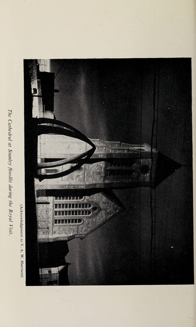 The Cathedral at Stanley floodlit during the Royal Visit.