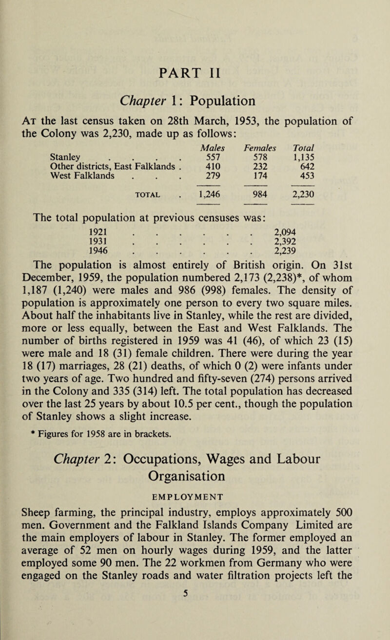 PART II Chapter 1: Population At the last census taken on 28th March, 1953, the population of the Colony was 2,230, made up as follows: Males Females Total Stanley . 557 578 1,135 Other districts, East Falklands . 410 232 642 West Falklands 279 174 453 TOTAL 1,246 984 2,230 The total population at previous censuses was: 1921 . 2,094 1931 . 2,392 1946 . 2,239 The population is almost entirely of British origin. On 31st December, 1959, the population numbered 2,173 (2,238)*, of whom 1,187 (1,240) were males and 986 (998) females. The density of population is approximately one person to every two square miles. About half the inhabitants live in Stanley, while the rest are divided, more or less equally, between the East and West Falklands. The number of births registered in 1959 was 41 (46), of which 23 (15) were male and 18 (31) female children. There were during the year 18 (17) marriages, 28 (21) deaths, of which 0 (2) were infants under two years of age. Two hundred and fifty-seven (274) persons arrived in the Colony and 335 (314) left. The total population has decreased over the last 25 years by about 10.5 per cent., though the population of Stanley shows a slight increase. * Figures for 1958 are in brackets. Chapter 2: Occupations, Wages and Labour Organisation EMPLOYMENT Sheep farming, the principal industry, employs approximately 500 men. Government and the Falkland Islands Company Limited are the main employers of labour in Stanley. The former employed an average of 52 men on hourly wages during 1959, and the latter employed some 90 men. The 22 workmen from Germany who were engaged on the Stanley roads and water filtration projects left the