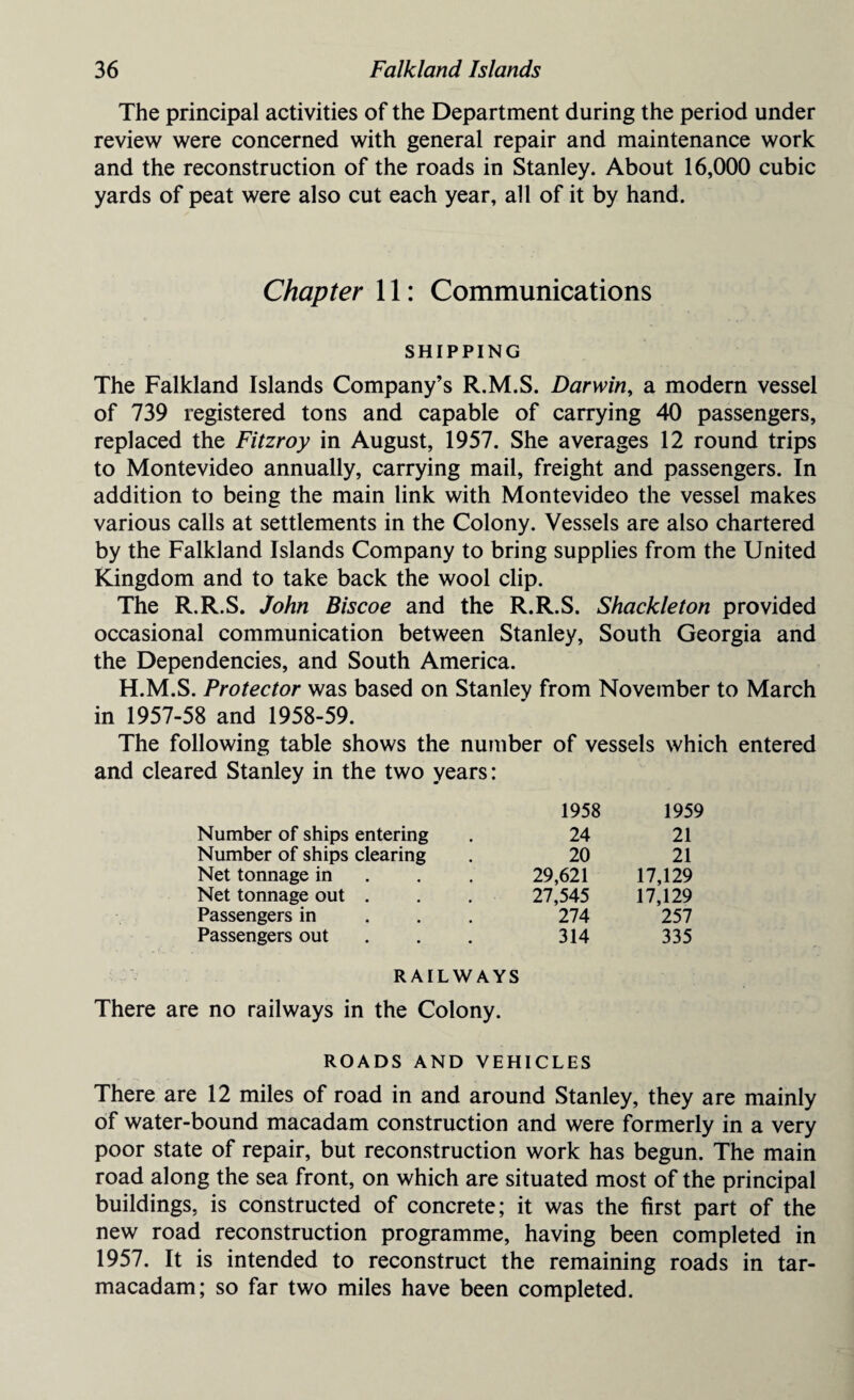 The principal activities of the Department during the period under review were concerned with general repair and maintenance work and the reconstruction of the roads in Stanley. About 16,000 cubic yards of peat were also cut each year, all of it by hand. Chapter 11: Communications SHIPPING The Falkland Islands Company’s R.M.S. Darwin, a modern vessel of 739 registered tons and capable of carrying 40 passengers, replaced the Fitzroy in August, 1957. She averages 12 round trips to Montevideo annually, carrying mail, freight and passengers. In addition to being the main link with Montevideo the vessel makes various calls at settlements in the Colony. Vessels are also chartered by the Falkland Islands Company to bring supplies from the United Kingdom and to take back the wool clip. The R.R.S. John Biscoe and the R.R.S. Shackleton provided occasional communication between Stanley, South Georgia and the Dependencies, and South America. H.M.S. Protector was based on Stanlev from November to March in 1957-58 and 1958-59. The following table shows the number of vessels which entered and cleared Stanley in the two years: 1958 1959 Number of ships entering 24 21 Number of ships clearing 20 21 Net tonnage in 29,621 17,129 Net tonnage out . 27,545 17,129 Passengers in 274 257 Passengers out 314 335 RAILWAYS There are no railways in the Colony. ROADS AND VEHICLES There are 12 miles of road in and around Stanley, they are mainly of water-bound macadam construction and were formerly in a very poor state of repair, but reconstruction work has begun. The main road along the sea front, on which are situated most of the principal buildings, is constructed of concrete; it was the first part of the new road reconstruction programme, having been completed in 1957. It is intended to reconstruct the remaining roads in tar¬ macadam; so far two miles have been completed.