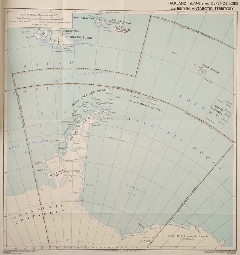 ARGENTINA Rio Grande TIERRA DEL FUEGO de losEsta dos tJq ol. Nueva Navarino /? Wollaston Cape Horn Greenwich L '-‘Kingston , crf-aft Smith '°n/. @ . Astrolabe 'Id si ■ AS a < ,>W//e / “On/s > /| Me/cb, Anvers /j MTFRANQAIS . PorR\ Lockroy Victor Hugo /. Argentine Robertson Jason I, ■Barbef-j 8260 / s V 7500 Aviary I Debenham I? Stonington I Marguerite t woRDlejce ,9400 WAKEFIELD 9800' MT ANDREW JACKSON 'lO 000 )ssll Bluff 73 00 \ BATTERBEE ) Mrs M*>ckinu MT TRICORN S290 ' 'Htllllll//, d r o nning maud / (NORWEGIAN) FALKLAND ISLANDS and DEPENDENCIES and BRITISH ANTARCTIC TERRITORY West of Greenwich 40 Scale of Statute Miles (Latitude 60°) WEST FALKLAND H*0 100 200 . .. Edge of Ice Shelf - Coastline based on air reconnaissance Heights in Feet Ines / ^ A / S / • In. A A % * A a \/ 100 Published by Directorate of Overseas Surveys D.O.S. 960 Second Edition © CROWN COPYRIGHT 1962 Agents lor the sale ol this map are - Edward Stanford Ltd., 12/14, Long Acre, London. W C 2. Price //- net. Copies may also be obtained from the Colonial Secretary’s Office, Stanley, Falkland Islands. Compiled and drawn by Directorate of Overseas Surveys. Photographed by D.O.S. and printed by S.P.C.R.E 1962. 2,000/9/62/7/SPC