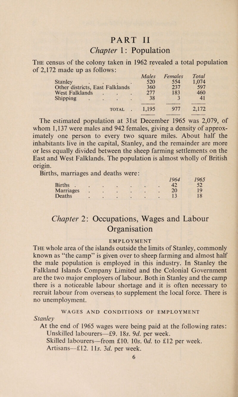 PART II Chapter 1: Population The census of the colony taken in 1962 revealed a total population of 2,172 made up as follows: Males Females Total Stanley .... 520 554 1,074 Other districts, East Falklands 360 237 597 West Falklands 277 183 460 Shipping .... 38 3 41 TOTAL . 1,195 977 2,172 The estimated population at 31st December 1965 was 2,079, of whom 1,137 were males and 942 females, giving a density of approx¬ imately one person to every two square miles. About half the inhabitants live in the capital, Stanley, and the remainder are more or less equally divided between the sheep farming settlements on the East and West Falklands. The population is almost wholly of British origin. Births, marriages and deaths were: 1964 1965 Births ....... 42 52 Marriages ...... 20 19 Deaths . . . . . . 13 18 Chapter 2: Occupations, Wages and Labour Organisation EMPLOYMENT The whole area of the islands outside the limits of Stanley, commonly known as “the camp” is given over to sheep farming and almost half the male population is employed in this industry. In Stanley the Falkland Islands Company Limited and the Colonial Government are the two major employers of labour. Both in Stanley and the camp there is a noticeable labour shortage and it is often necessary to recruit labour from overseas to supplement the local force. There is no unemployment. WAGES AND CONDITIONS OF EMPLOYMENT Stanley At the end of 1965 wages were being paid at the following rates: Unskilled labourers—£9. 18s. 9d. per week. Skilled labourers—from £10. 10s. 0d. to £12 per week. Artisans—£12. 11s. 3d. per week.