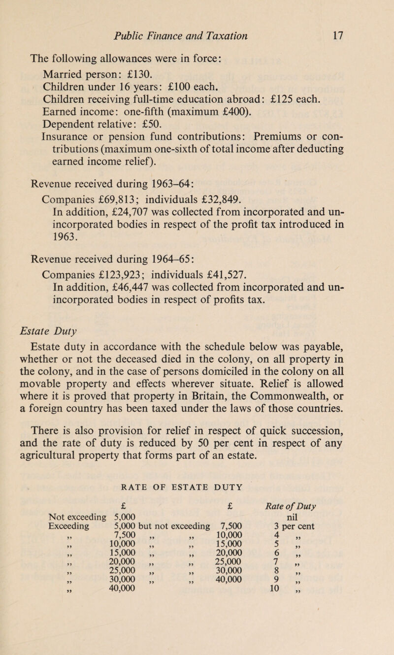 The following allowances were in force: Married person: £130. Children under 16 years: £100 each. Children receiving full-time education abroad: £125 each. Earned income: one-fifth (maximum £400). Dependent relative: £50. Insurance or pension fund contributions: Premiums or con¬ tributions (maximum one-sixth of total income after deducting earned income relief). Revenue received during 1963-64: Companies £69,813; individuals £32,849. In addition, £24,707 was collected from incorporated and un¬ incorporated bodies in respect of the profit tax introduced in 1963. Revenue received during 1964-65: Companies £123,923; individuals £41,527. In addition, £46,447 was collected from incorporated and un¬ incorporated bodies in respect of profits tax. Estate Duty Estate duty in accordance with the schedule below was payable, whether or not the deceased died in the colony, on all property in the colony, and in the case of persons domiciled in the colony on all movable property and effects wherever situate. Relief is allowed where it is proved that property in Britain, the Commonwealth, or a foreign country has been taxed under the laws of those countries. There is also provision for relief in respect of quick succession, and the rate of duty is reduced by 50 per cent in respect of any agricultural property that forms part of an estate. Not exceeding Exceeding 55 RATE OF ESTATE £ DUTY £ Rate of Duty 5,000 5,000 but not exceeding 7,500 nil 3 per cent 7,500 „ 10,000 4 10,000 „ 15,000 5 15,000 „ 20,000 6 20,000 „ 25,000 7 25,000 „ 30,000 8 30,000 „ 40,000 9 40,000 10 55