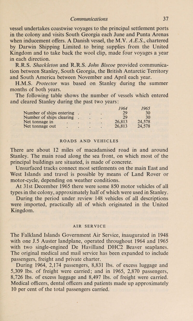 vessel undertakes coastwise voyages to the principal settlement ports in the colony and visits South Georgia each June and Punta Arenas when inducement offers. A Danish vessel, the M.Y. A.E.S., chartered by Darwin Shipping Limited to bring supplies from the United Kingdom and to take back the wool clip, made four voyages a year in each direction. R.R.S. Shackleton and R.R.S. John Biscoe provided communica¬ tion between Stanley, South Georgia, the British Antarctic Territory and South America between November and April each year. H.M.S. Protector was based on Stanley during the summer months of both years. The following table shows the number of vessels which entered and cleared Stanley during the past two years: 1964 1965 Number of ships entering . 29 30 Number of ships clearing . 29 30 Net tonnage in . 26,813 24,578 Net tonnage out . . . . 26,813 24,578 ROADS AND VEHICLES There are about 12 miles of macadamised road in and around Stanley. The main road along the sea front, on which most of the principal buildings are situated, is made of concrete. Unsurfaced tracks connect most settlements on the main East and West Islands and travel is possible by means of Land Rover or motor-cycle, depending on weather conditions. At 31st December 1965 there were some 850 motor vehicles of all types in the colony, approximately half of which were used in Stanley. During the period under review 148 vehicles of all descriptions were imported, practically all of which originated in the United Kingdom. AIR SERVICE The Falkland Islands Government Air Service, inaugurated in 1948 with one J.5 Auster landplane, operated throughout 1964 and 1965 with two single-engined De Havilland DHC2 Beaver seaplanes. The original medical and mail service has been expanded to include passengers, freight and private charter. During 1964, 2,174 passengers, 8,831 lbs. of excess luggage and 5,309 lbs. of freight were carried; and in 1965, 2,870 passengers, 8,726 lbs. of excess luggage and 8,497 lbs. of freight were carried. Medical officers, dental officers and patients made up approximately 10 per cent of the total passengers carried.