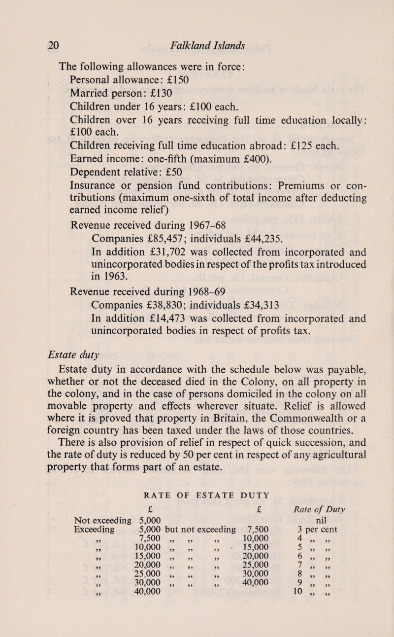 The following allowances were in force: Personal allowance: £150 Married person: £130 Children under 16 years: £100 each. Children over 16 years receiving full time education locally: £100 each. Children receiving full time education abroad: £125 each. Earned income: one-fifth (maximum £400). Dependent relative: £50 Insurance or pension fund contributions: Premiums or con¬ tributions (maximum one-sixth of total income after deducting earned income relief) Revenue received during 1967-68 Companies £85,457; individuals £44,235. In addition £31,702 was collected from incorporated and unincorporated bodies in respect of the profits tax introduced in 1963. Revenue received during 1968-69 Companies £38,830; individuals £34,313 In addition £14,473 was collected from incorporated and unincorporated bodies in respect of profits tax. Estate duty Estate duty in accordance with the schedule below was payable, whether or not the deceased died in the Colony, on all property in the colony, and in the case of persons domiciled in the colony on all movable property and effects wherever situate. Relief is allowed where it is proved that property in Britain, the Commonwealth or a foreign country has been taxed under the laws of those countries. There is also provision of relief in respect of quick succession, and the rate of duty is reduced by 50 per cent in respect of any agricultural property that forms part of an estate. RATE OF ESTATE DUTY Not exceeding Exceeding 55 55 55 55 55 £ 5,000 5,000 but not exceeding 7,500 „ „ 10,000 ,, ,, ,, 15,000 „ „ 20,000 „ „ 25,000 „ „ 30,000 „ „ 40,000 £ Rate of Duty nil 7,500 3 per cent 10,000 4 ™ 55 55 15,000 5 ^ 55 55 20,000 6 5, 25,000 7 30,000 40,000 9 „ „ 10 „ „ 55