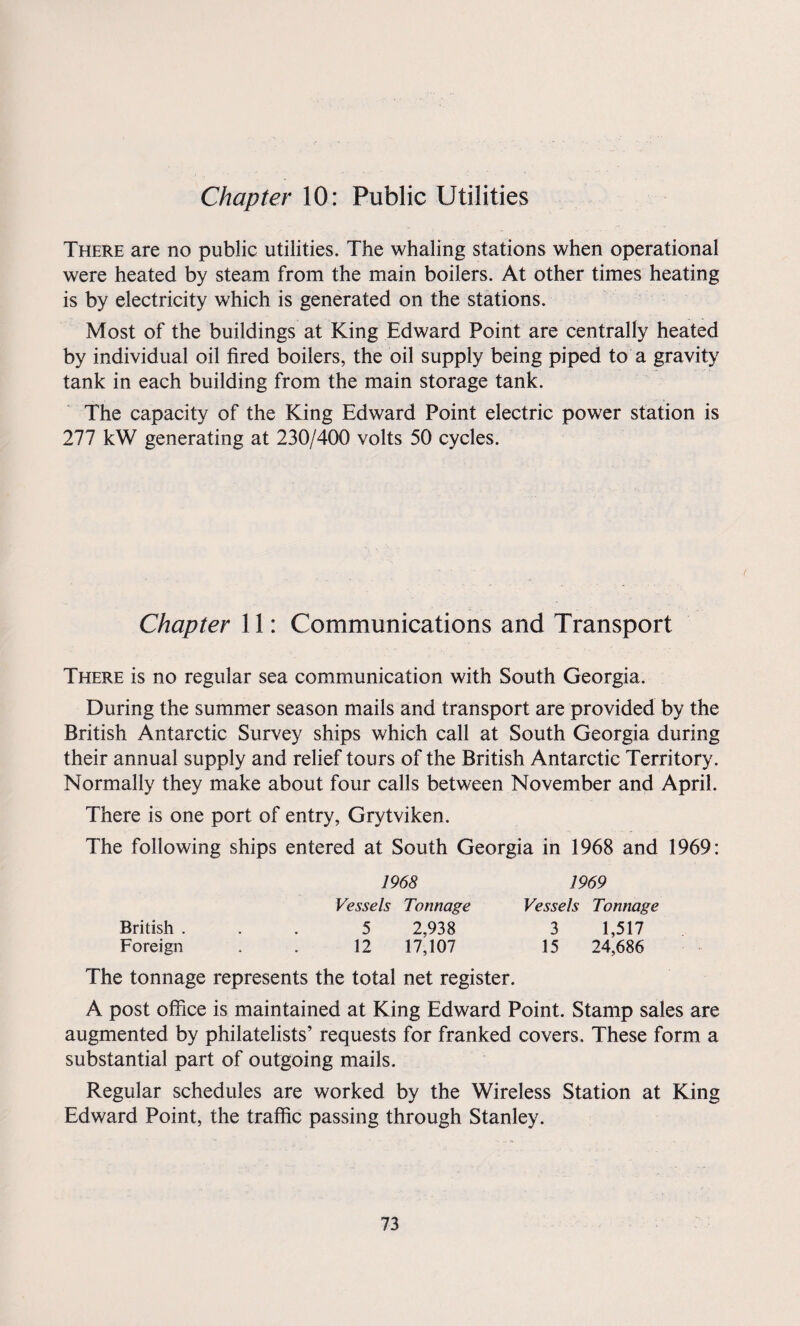 Chapter 10: Public Utilities There are no public utilities. The whaling stations when operational were heated by steam from the main boilers. At other times heating is by electricity which is generated on the stations. Most of the buildings at King Edward Point are centrally heated by individual oil fired boilers, the oil supply being piped to a gravity tank in each building from the main storage tank. The capacity of the King Edward Point electric power station is 277 kW generating at 230/400 volts 50 cycles. Chapter 11: Communications and Transport There is no regular sea communication with South Georgia. During the summer season mails and transport are provided by the British Antarctic Survey ships which call at South Georgia during their annual supply and relief tours of the British Antarctic Territory. Normally they make about four calls between November and April. There is one port of entry, Grytviken. The following ships entered at South Georgia in 1968 and 1969: 1968 1969 Vessels Tonnage Vessels Tonnage British ... 5 2,938 3 1,517 Foreign . . 12 17,107 15 24,686 The tonnage represents the total net register. A post office is maintained at King Edward Point. Stamp sales are augmented by philatelists’ requests for franked covers. These form a substantial part of outgoing mails. Regular schedules are worked by the Wireless Station at King Edward Point, the traffic passing through Stanley.