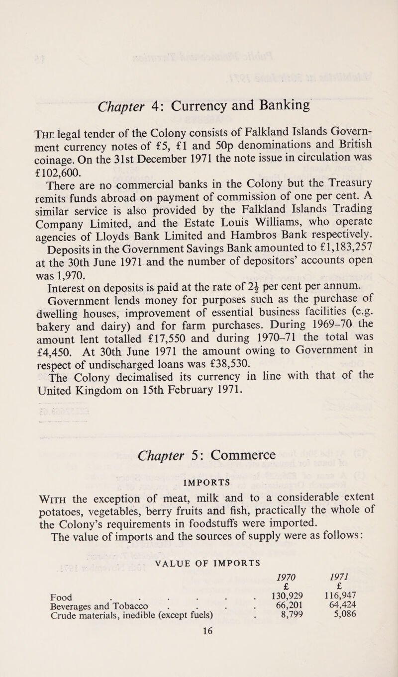 Chapter 4: Currency and Banking The legal tender of the Colony consists of Falkland Islands Govern¬ ment currency notes of £5, £ 1 and 50p denominations and British coinage. On the 31st December 1971 the note issue in circulation was £102,600. There are no commercial banks in the Colony but the Treasury remits funds abroad on payment of commission of one per cent. A similar service is also provided by the Falkland Islands Trading Company Limited, and the Estate Louis Williams, who operate agencies of Lloyds Bank Limited and Hambros Bank respectively. Deposits in the Government Savings Bank amounted to £1,183,257 at the 30th June 1971 and the number of depositors’ accounts open was 1,970. Interest on deposits is paid at the rate of 2j per cent per annum. Government lends money for purposes such as the purchase of dwelling houses, improvement of essential business facilities fe.g. bakery and dairy) and for farm purchases. During 1969-70 the amount lent totalled £17,550 and during 1970-71 the total was £4,450. At 30th June 1971 the amount owing to Government in respect of undischarged loans was £38,530. The Colony decimalised its currency in line with that of the United Kingdom on 15th February 1971. Chapter 5: Commerce IMPORTS With the exception of meat, milk and to a considerable extent potatoes, vegetables, berry fruits and fish, practically the whole of the Colony’s requirements in foodstuffs were imported. The value of imports and the sources of supply were as follows: VALUE OF IMPORTS Food .... Beverages and Tobacco Crude materials, inedible (except fuels) 1970 £ 130,929 66,201 8,799 1971 £ 116,947 64,424 5,086