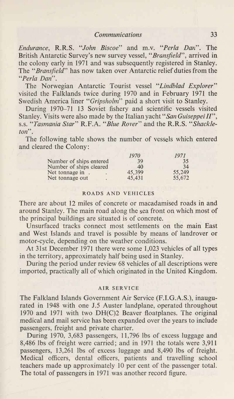 Endurance, R.R.S. “John Biscoe” and m.v. “Perla Dan”. The British Antarctic Survey’s new survey vessel, “Bransfield”, arrived in the colony early in 1971 and was subsequently registered in Stanley. The “Bransfield” has now taken over Antarctic relief duties from the “Perla Dan”. The Norwegian Antarctic Tourist vessel “Lindblad Explorer” visited the Falklands twice during 1970 and in February 1971 the Swedish America liner “Gripsholm” paid a short visit to Stanley. During 1970-71 13 Soviet fishery and scientific vessels visited Stanley. Visits were also made by the Italian yacht “San Guiseppeill”, s.s. “Tasmania Star” R.F.A. “Blue Rover” and the R.R.S. “Shackle- ton”. The following table shows the number of vessels which entered and cleared the Colony: 1970 1971 Number of ships entered 39 35 Number of ships cleared 40 34 Net tonnage in . . 45,399 55,249 Net tonnage out . 45,431 55,672 ROADS AND VEHICLES There are about 12 miles of concrete or macadamised roads in and around Stanley. The main road along the sea front on which most of the principal buildings are situated is of concrete. Unsurfaced tracks connect most settlements on the main East and West Islands and travel is possible by means of landrover or motor-cycle, depending on the weather conditions. At 31st December 1971 there were some 1,023 vehicles of all types in the territory, approximately half being used in Stanley. During the period under review 68 vehicles of all descriptions were imported, practically all of which originated in the United Kingdom. AIR SERVICE The Falkland Islands Government Air Service (F.I.G.A.S.), inaugu¬ rated in 1948 with one J.5 Auster landplane, operated throughout 1970 and 1971 with two DH(C)2 Beaver floatplanes. The original medical and mail service has been expanded over the years to include passengers, freight and private charter. During 1970, 3,683 passengers, 11,796 lbs of excess luggage and 8,486 lbs of freight were carried; and in 1971 the totals were 3,911 passengers, 13,261 lbs of excess luggage and 8,490 lbs of freight. Medical officers, dental officers, patients and travelling school teachers made up approximately 10 per cent of the passenger total. The total of passengers in 1971 was another record figure.