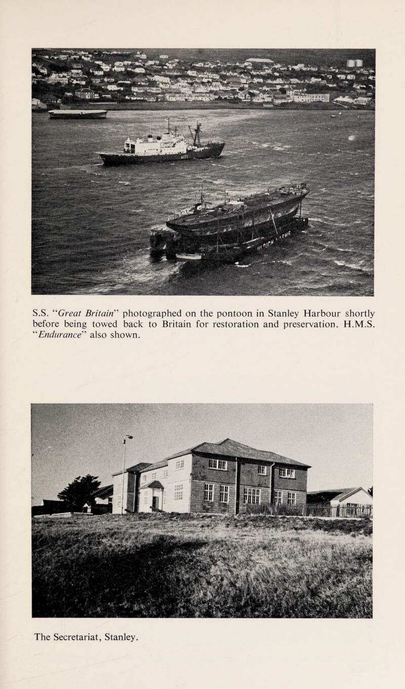 before being towed back to Britain for restoration and preservation. H.M.S. “Endurance” also shown. The Secretariat, Stanley