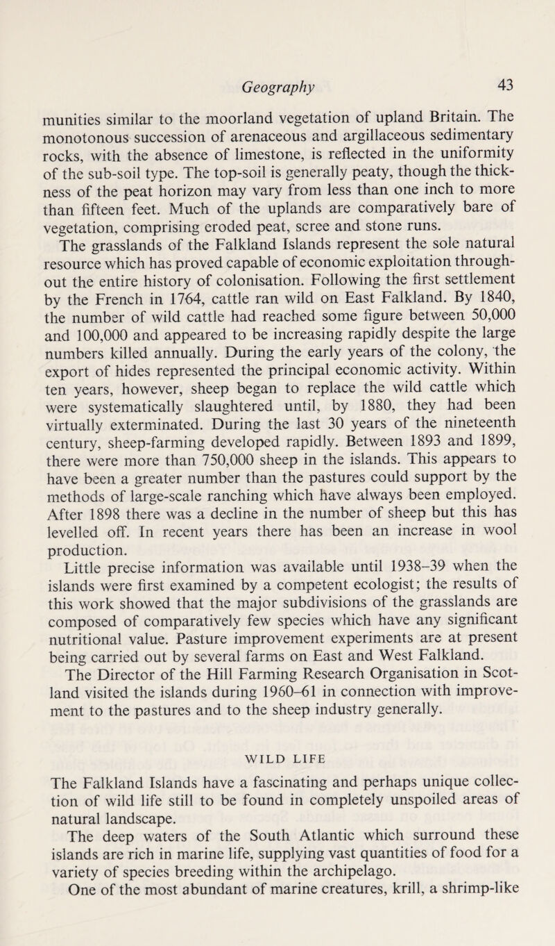 munities similar to the moorland vegetation of upland Britain. The monotonous succession of arenaceous and argillaceous sedimentary rocks, with the absence of limestone, is reflected in the uniformity of the sub-soil type. The top-soil is generally peaty, though the thick¬ ness of the peat horizon may vary from less than one inch to more than fifteen feet. Much of the uplands are comparatively bare of vegetation, comprising eroded peat, scree and stone runs. The grasslands of the Falkland Islands represent the sole natural resource which has proved capable of economic exploitation through¬ out the entire history of colonisation. Following the first settlement by the French in 1764, cattle ran wild on East Falkland. By 1840, the number of wild cattle had reached some figure between 50,000 and 100,000 and appeared to be increasing rapidly despite the large numbers killed annually. During the early years of the colony, the export of hides represented the principal economic activity. Within ten years, however, sheep began to replace the wild cattle which were systematically slaughtered until, by 1880, they had been virtually exterminated. During the last 30 years of the nineteenth century, sheep-farming developed rapidly. Between 1893 and 1899, there were more than 750,000 sheep in the islands. This appears to have been a greater number than the pastures could support by the methods of large-scale ranching which have always been employed. After 1898 there was a decline in the number of sheep but this has levelled off. In recent years there has been an increase in wool production. Little precise information was available until 1938-39 when the islands were first examined by a competent ecologist; the results of this work showed that the major subdivisions of the grasslands are composed of comparatively few species which have any significant nutritional value. Pasture improvement experiments are at present being carried out by several farms on East and West Falkland. The Director of the Hill Farming Research Organisation in Scot¬ land visited the islands during 1960-61 in connection with improve¬ ment to the pastures and to the sheep industry generally. WILD LIFE The Falkland Islands have a fascinating and perhaps unique collec¬ tion of wild life still to be found in completely unspoiled areas of natural landscape. The deep waters of the South Atlantic which surround these islands are rich in marine life, supplying vast quantities of food for a variety of species breeding within the archipelago. One of the most abundant of marine creatures, krill, a shrimp-like