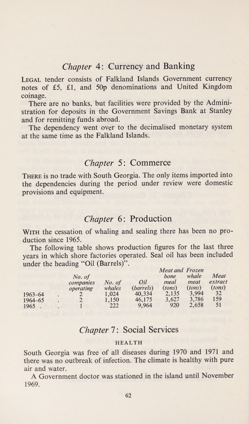 Chapter 4: Currency and Banking Legal tender consists of Falkland Islands Government currency notes of £5, £1, and 50p denominations and United Kingdom coinage. There are no banks, but facilities were provided by the Admini¬ stration for deposits in the Government Savings Bank at Stanley and for remitting funds abroad. The dependency went over to the decimalised monetary system at the same time as the Falkland Islands. Chapter 5: Commerce There is no trade with South Georgia. The only items imported into the dependencies during the period under review were domestic provisions and equipment. Chapter 6: Production With the cessation of whaling and sealing there has been no pro¬ duction since 1965. The following table shows production figures for the last three years in which shore factories operated. Seal oil has been included under the heading “Oil (Barrels)”. No. of companies No. of Oil Meat and Frozen bone whale meal meat Meat extract operating whales {barrels) (tons) (tons) (tons) 1963-64 2 1,024 40,334 2,135 3,994 32 1964-65 2 1,150 46,175 3,627 3,786 159 1965 . 1 222 9,964 920 2,658 51 Chapter 7: Social Services HEALTH South Georgia was free of all diseases during 1970 and 1971 and there was no outbreak of infection. The climate is healthy with pure air and water. A Government doctor was stationed in the island until November 1969.