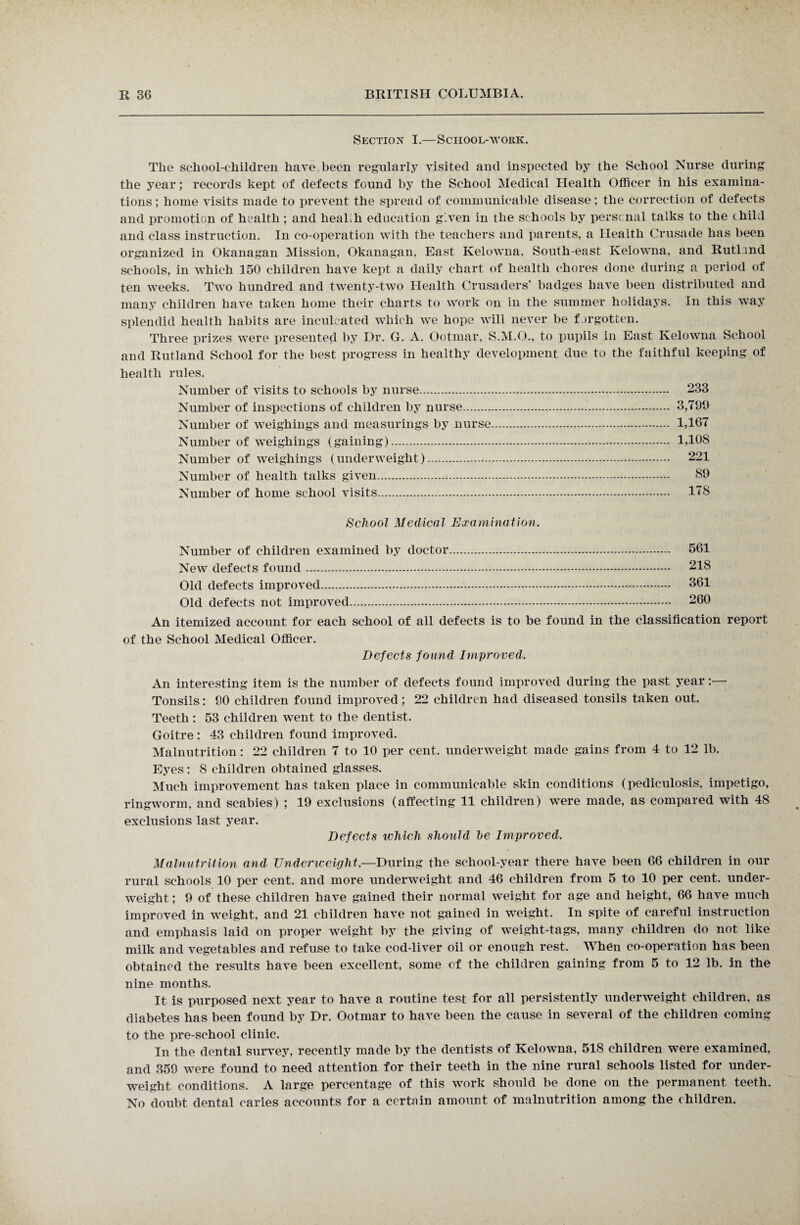 Section I.—School-work. The school-children have been regularly visited and inspected by the School Nurse during the year; records kept of defects found by the School Medical Health Officer in his examina¬ tions; home visits made to prevent the spread of communicable disease; the correction of defects and promotion of health ; and health education given in the schools by personal talks to the child and class instruction. In co-operation with the teachers and parents, a Health Crusade has been organized in Okanagan Mission, Okanagan, East Kelowna, South-east Kelowna, and Rutland schools, in which 150 children have kept a daily chart of health chores done during a period of ten weeks. Two hundred and twenty-two Health Crusaders' badges have been distributed and many children have taken home their charts to work on in the summer holidays. In this way splendid health habits are inculcated which we hope will never be forgotten. Three prizes were presented by Dr. G. A. Ootrnar, S.M.O., to pupils in East Kelowna School and Rutland School for the best progress in healthy development due to the faithful keeping of health rules. Number of visits to schools by nurse. 233 Number of inspections of children by nurse. 3,799 Number of weighings and measurings by nurse. 1,167 Number of weighings (gaining). 1,108 Number of weighings (underweight)... 221 Number of health talks given... 89 Number of home school visits. 178 School Medical Examination. Number of children examined by doctor. 561 New defects found. 218 Old defects improved. 361 Old defects not improved. 260 An itemized account for each school of all defects is to be found in the classification report of the School Medical Officer. Defects found Improved. An interesting item is the number of defects found improved during the past year:— Tonsils: 90 children found improved; 22 children had diseased tonsils taken out. Teeth: 53 children went to the dentist. Goitre : 43 children found improved. Malnutrition: 22 children 7 to 10 per cent, underweight made gains from 4 to 12 lb. Eyes: 8 children obtained glasses. Much improvement has taken place in communicable skin conditions (pediculosis, impetigo, ringworm, and scabies) ; 19 exclusions (affecting 11 children) were made, as compared with 48 exclusions last year. Defects which should he Improved. Malnutrition and Underweight.—During the school-year there have been 66 children in our rural schools 10 per cent, and more underweight and 46 children from 5 to 10 per cent, under¬ weight ; 9 of these children have gained their normal weight for age and height, 66 have much improved in weight, and 21 children have not gained in weight. In spite of careful instruction and emphasis laid on proper weight by the giving of weight-tags, many children do not like milk and vegetables and refuse to take cod-liver oil or enough rest. When co-operation has been obtained the results have been excellent, some of the children gaining from 5 to 12 lb. in the nine months. It is purposed next year to have a routine test for all persistently underweight children, as diabetes has been found by Dr. Ootmar to have been the cause in several of the children coming to the pre-school clinic. In the dental survey, recently made by the dentists of Kelowna, 518 children were examined, and 359 were found to need attention for their teeth in the nine rural schools listed for under¬ weight conditions. A large percentage of this work should be done on the permanent teeth. No doubt dental caries accounts for a certain amount of malnutrition among the children.