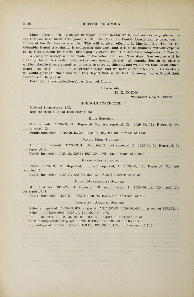 Much interest is being shown in regard to the dental work, and we are very pleased to say that we have made arrangements with the Canadian Dental Association to carry out a survey of the Province as a whole. This will be given effect to in March, 1931. The British Columbia Dental Association is sponsoring this work and it is to be financed without expense to the Province, but by Federal grant and by grants from the insurance companies of Canada. A complete survey will be made of the school-children. Two days’ free service will be given by the dentists to demonstrate the work in each district. All organizations in the district will be asked to form a committee to assist in carrying this out, and we believe that, as an educa¬ tional measure, this is one of the greatest things that we have as yet attempted. Particularly we would appeal to those who read this Report that, when the time comes, they will lend their assistance in helping us. Details for the examination for each school follow. I have, etc., H. E. YOUNG, Provincial Health Officer. SCHOOLS INSPECTED. Medical Inspectors: 163. Reports from Medical Inspectors : 161. High Schools. High schools. 1928-29, 67: Reported, 38; not reported, 29. 1929-30, 67: Reported, 43; not reported, 24. Pupils inspected: 1928-29, 9,725; 1929-30, 10,759 ; an increase of 1,034. . Junior High Schools. Junior high schools. 1928-29, 4: Reported, 2; not reported, 2. 1929-30, 5: Reported, 3; not reported, 2. Pupils inspected : 1928-29, 3,065; 1929-30, 4,568; an increase of 1,503. Graded City Schools. Cities. 1928-29, 33: Reported, 32; not reported, 1. 1929-30,. 33: Reported, 32; not reported, 1. Pupils inspected: 1928-29, 48,898; 1929-30, 48,860; a decrease of 38. Rural Municipality Schools. Municipalities. 1928-29, 24: Reported, 23; not reported, 1. 1929-30, 24: Reported, 23; not reported, 1. Pupils inspected : 1928-29, 16,030; 1929-30, 16,925; an increase of 895. Rural and Assisted Schools. Schools inspected : 1928-29, 654, at a cost of $15,255.65; 1929-30. 663, Schools not inspected : 1928-29, 71; 1929-30, 106. at a cost of $15,755.40. Pupils inspected: 1928-29, 18,318; 1929-30, 18,391; an increase of 73. Cost of inspection per pupil: 1928-29, 83 cents; 1929-30, 85.6 cents. Percentage of defects: 1928-29, 103.13; 1929-30, 104.24; an increase of 1.11.