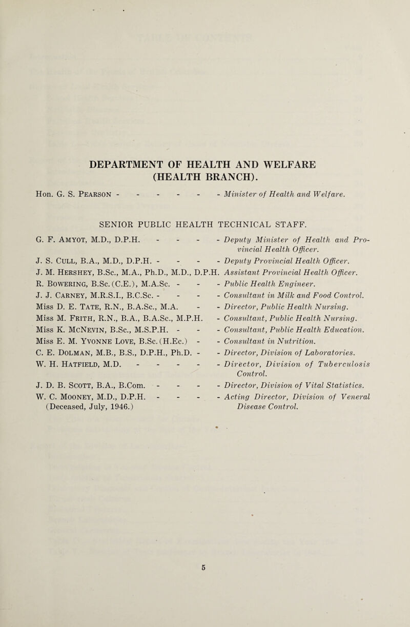DEPARTMENT OF HEALTH AND WELFARE (HEALTH BRANCH). Hon. G. S. Pearson ------ Minister of Health and Welfare. SENIOR PUBLIC HEALTH TECHNICAL STAFF. G. F. Amyot, M.D., D.P.H. - - - - J. S. Cull, B.A., M.D., D.P.H. - J. M. Hershey, B.Sc., M.A., Ph.D., M.D., D.P.H. R. Bowering, B.Sc.(C.E.), M.A.Sc. - J. J. Carney, M.R.S.I., B.C.Sc. - Miss D. E. Tate, R.N., B.A.Sc., M.A. Miss M. Frith, R.N., B.A., B.A.Sc., M.P.H. Miss K. McNevin, B.Sc., M.S.P.H. - Miss E. M. Yvonne Love, B.Sc. (H.Ec.) - C. E. Dolman, M.B., B.S., D.P.H., Ph.D. - W. H. Hatfield, M.D. - J. D. B. Scott, B.A., B.Com. - W. C. Mooney, M.D., D.P.H. - (Deceased, July, 1946.) Deputy Minister of Health and Pro¬ vincial Health Officer. Deputy Provincial Health Officer. Assistant Provincial Health Officer. Public Health Engineer. Consultant in Milk and Food Control. Director, Public Health Nursing. Consultant, Public Health Nursing. Consultant, Public Health Education. Consultant in Nutrition. Director, Division of Laboratories. D irector, Division of Tuberculosis Control. Director, Division of Vital Statistics. Acting Director, Division of Veneral Disease Control.