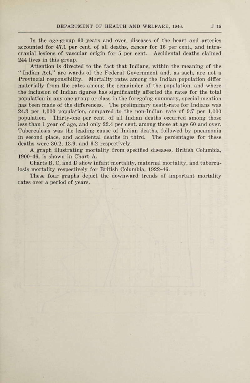 In the age-group 60 years and over, diseases of the heart and arteries accounted for 47.1 per cent, of all deaths, cancer for 16 per cent., and intra¬ cranial lesions of vascular origin for 5 per cent. Accidental deaths claimed 244 lives in this group. Attention is directed to the fact that Indians, within the meaning of the “ Indian Act,” are wards of the Federal Government and, as such, are not a Provincial responsibility. Mortality rates among the Indian population differ materially from the rates among the remainder of the population, and where the inclusion of Indian figures has significantly affected the rates for the total population in any one group or class in the foregoing summary, special mention has been made of the differences. The preliminary death-rate for Indians was 24.3 per 1,000 population, compared to the non-Indian rate of 9.7 per 1,000 population. Thirty-one per cent, of all Indian deaths occurred among those less than 1 year of age, and only 22.4 per cent, among those at age 60 and over. Tuberculosis was the leading cause of Indian deaths, followed by pneumonia in second place, and accidental deaths in third. The percentages for these deaths were 30.2, 13.9, and 6.2 respectively. A graph illustrating mortality from specified diseases, British Columbia, 1900-46, is shown in Chart A. Charts B, C, and D show infant mortality, maternal mortality, and tubercu¬ losis mortality respectively for British Columbia, 1922-46. These four graphs depict the downward trends of important mortality rates over a period of years.