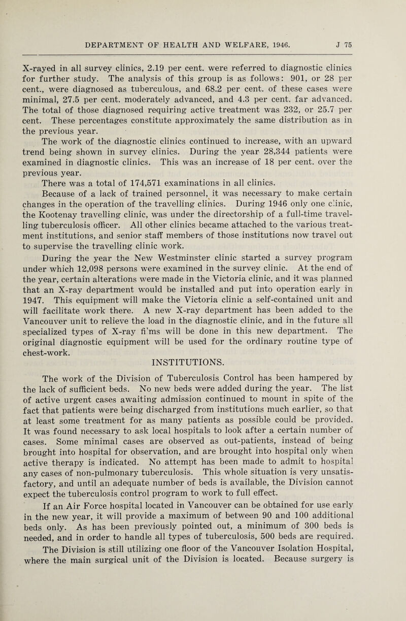 X-rayed in all survey clinics, 2.19 per cent, were referred to diagnostic clinics for further study. The analysis of this group is as follows: 901, or 28 per cent., were diagnosed as tuberculous, and 68.2 per cent, of these cases were minimal, 27.5 per cent, moderately advanced, and 4.3 per cent, far advanced. The total of those diagnosed requiring active treatment was 232, or 25.7 per cent. These percentages constitute approximately the same distribution as in the previous year. The work of the diagnostic clinics continued to increase, with an upward trend being shown in survey clinics. During the year 28,344 patients were examined in diagnostic clinics. This was an increase of 18 per cent, over the previous year. There was a total of 174,571 examinations in all clinics. Because of a lack of trained personnel, it was necessary to make certain % changes in the operation of the travelling clinics. During 1946 only one clinic, the Kootenay travelling clinic, was under the directorship of a full-time travel¬ ling tuberculosis officer. All other clinics became attached to the various treat¬ ment institutions, and senior staff members of those institutions now travel out to supervise the travelling clinic work. During the year the New Westminster clinic started a survey program under which 12,098 persons were examined in the survey clinic. At the end of the year, certain alterations were made in the Victoria clinic, and it was planned that an X-ray department would be installed and put into operation early in 1947. This equipment will make the Victoria clinic a self-contained unit and will facilitate work there. A new X-ray department has been added to the Vancouver unit to relieve the load in the diagnostic clinic, and in the future all specialized types of X-ray frms will be done in this new department. The original diagnostic equipment will be used for the ordinary routine type of chest-work. INSTITUTIONS. The work of the Division of Tuberculosis Control has been hampered by the lack of sufficient beds. No new beds were added during the year. The list of active urgent cases awaiting admission continued to mount in spite of the fact that patients were being discharged from institutions much earlier, so that at least some treatment for as many patients as possible could be provided. It was found necessary to ask local hospitals to look after a certain number of cases. Some minimal cases are observed as out-patients, instead of being brought into hospital for observation, and are brought into hospital only when active therapy is indicated. No attempt has been made to admit to hospital any cases of non-pulmonary tuberculosis. This whole situation is very unsatis¬ factory, and until an adequate number of beds is available, the Division cannot expect the tuberculosis control program to work to full effect. If an Air Force hospital located in Vancouver can be obtained for use early in the new year, it will provide a maximum of between 90 and 100 additional beds only. As has been previously pointed out, a minimum of 300 beds is needed, and in order to handle all types of tuberculosis, 500 beds are required. The Division is still utilizing one floor of the Vancouver Isolation Hospital, where the main surgical unit of the Division is located. Because surgery is