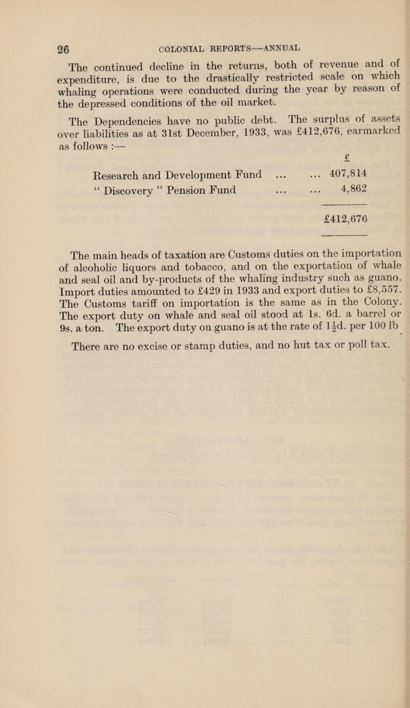 The continued decline in the returns, both of revenue and of expenditure, is due to the drastically restricted scale on which whaling operations were conducted during the year by reason of the depressed conditions of the oil market. The Dependencies have no public debt. The surplus of assets over liabilities as at 31st December, 1933, was £412,676, earmarked as follows :— £ 407,814 4,862 Research and Development Fund “ Discovery ” Pension Fund £412,676 The main heads of taxation are Customs duties on the importation of alcoholic liquors and tobacco, and on the exportation of whale and seal oil and by-products of the whaling industry such as guano. Import duties amounted to £429 in 1933 and export duties to £8,557. The Customs tariff on importation is the same as in the Colony. The export duty on whale and seal oil stood at Is. 6d. a barrel or 9s. a ton. The export duty on guano is at the rate of 1 Jd. per 100 lb There are no excise or stamp duties, and no hut tax or poll tax.