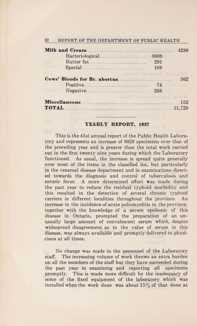 Milk and Cream. 4288 Bacteriological. 3889 Butter fat. 291 Special. 108 Cows’ Bloods for Br. abortus. 362 Positive. 74 Negative. 288 Miscellaneous. 152 TOTAL.'. 51,720 YEARLY REPORT, 1937 This is the 41st annual report of the Public Health Labora¬ tory and represents an increase of 6828 specimens over that of the preceding year and is greater than the total work carried out in the first twenty nine years during which the Laboratory functioned. As usual, the increase is spread quite generally over most of the items in the classified list, but particularly in the venereal disease department and in examinations direct¬ ed towards the diagnosis and control of tuberculosis and enteric fever. A more determined effort was made during the past year to reduce the residual typhoid morbidity and this resulted in the detection of several chronic typhoid carriers in different localities throughout the province. An increase in the incidence of acute poliomyelitis in the province, together with the knowledge of a severe epidemic of this disease in Ontario, prompted the preparation of an un¬ usually large amount of convalescent serum which, despite widespread disagreement as to the value of serum in this disease, was always available and promptly delivered to physi¬ cians at all times. No change was made in the personnel of the Laboratory staff. The increasing volume of work throws an extra burden on all the members of the staff but they have succeeded during the past year in examining and reporting all specimens promptly. This is made more difficult by the inadequacy of some of the fixed equipment of the laboratory which was installed when the work done was about 15% of that done at