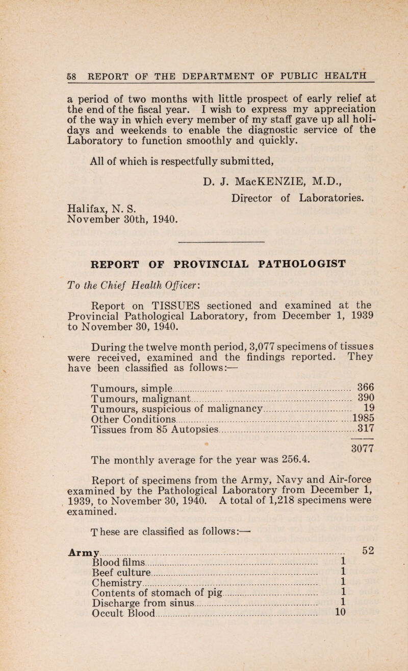 a period of two months with little prospect of early relief at the end of the fiscal year. I wish to express my appreciation of the way in which every member of my staff gave up all holi¬ days and weekends to enable the diagnostic service of the Laboratory to function smoothly and quickly. All of which is respectfully submitted, D. J. MacKENZIE, M.D., Director of Laboratories. Halifax, N. S. November 30th, 1940. REPORT OF PROVINCIAL PATHOLOGIST To the Chief Health Officer: Report on TISSUES sectioned and examined at the Provincial Pathological Laboratory, from December 1, 1939 to November 30, 1940. During the twelve month period, 3,077 specimens of tissues were received, examined and the findings reported. They have been classified as follows:— Tumours, simple. 366 Tumours, malignant.v. 390 Tumours, suspicious of malignancy. 19 Other Conditions.v.1985 Tissues from 85 Autopsies.317 3077 The monthly average for the year was 256.4. Report of specimens from the Army, Navy and Air-force examined by the Pathological Laboratory from December 1, 1939, to November 30, 1940. A total of 1,218 specimens were examined. These are classified as follows:—* Army.. Blood films. 1 Beef culture. 1 Chemistry...v. 1 Contents of stomach of pig. 1 Discharge from sinus. 1 Occult Blood. 10