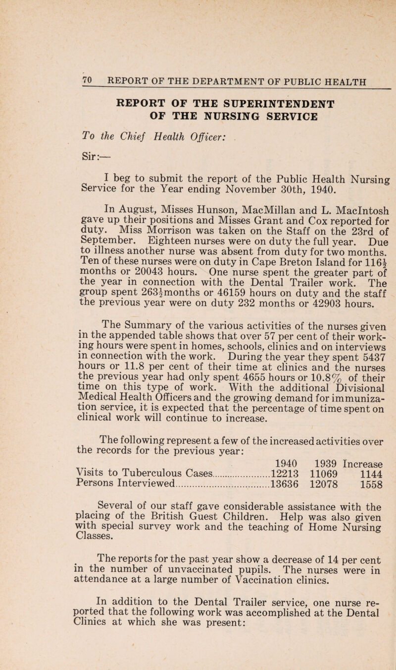 REPORT OF THE SUPERINTENDENT OF THE NURSING SERVICE To the Chief Health Officer: Sir:— I beg to submit the report of the Public Health Nursing Service for the Year ending November 30th, 1940. In August, Misses Hunson, MacMillan and L. Macintosh gave up their positions and Misses Grant and Cox reported for duty. Miss Morrison was taken on the Staff on the 23rd of September. Eighteen nurses were on duty the full year. Due to illness another nurse was absent from duty for two months. Ten of these nurses were on duty in Cape Breton Island for 116| months or 20043 hours. One nurse spent the greater part of the year in connection with the Dental Trailer work. The group spent 263|months or 46159 hours on duty and the staff the previous year were on duty 232 months or 42903 hours. The Summary of the various activities of the nurses given in the appended table shows that over 57 per cent of their work¬ ing hours were spent in homes, schools, clinics and on interviews in connection with the work. During the year they spent 5437 hours or 11.8 per cent of their time at clinics and the nurses the previous year had only spent 4655 hours or 10.8% of their time on this type of work. With the additional Divisional Medical Health Officers and the growing demand for immuniza¬ tion service, it is expected that the percentage of time spent on clinical work will continue to increase. The following represent a few of the increased activities over the records for the previous year: I 940 1 939 TnPTPJicip Visits to Tuberculous Cases..12213 11069 1144 Persons Interviewed.13636 12078 1558 Several of our staff gave considerable assistance with the placing of the British Guest Children. Help was also given with special survey work and the teaching of Home Nursing Classes. The reports for the past year show a decrease of 14 per cent in the number of unvaccinated pupils. The nurses were in attendance at a large number of Vaccination clinics. In addition to the Dental Trailer service, one nurse re¬ ported that the following work was accomplished at the Dental Clinics at which she was present: