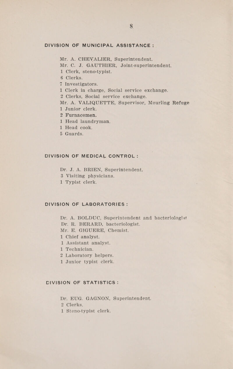 DIVISION OF MUNICIPAL ASSISTANCE : Mr. A. CHEVALIER, Superintendent. Mr. C. J. GAUTHIER, Joint-superintendent. 1 Clerk, steno-typist. 6 Clerks. 7 Investigators. 1 Clerk in charge, Social service exchange. 2 Clerks, Social service exchange. Mr. A. VALIQUETTE, Supervisor, Meurling Refuge 1 Junior clerk. 2 Furnacemen. 1 Head laundryman. 1 Head cook. 5 Guards. DIVISION OF MEDICAL CONTROL : Dr. J. A. BRIEN, Superintendent. 3 Visiting physicians. 1 Typist clerk. DIVISION OF LABORATORIES : Dr. A. BOLDUC, Superintendent and bacteriologist Dr. R. BERARD, bacteriologist. Mr. E. GIGUERE, Chemist. 1 Chief analyst. 1 Assistant anal}Tst. 1 Technician. 2 Laboratory helpers. 1 Junior typist clerk. DIVISION OF STATISTICS : Dr. EUG. GAGNON, Superintendent. 2 Clerks. 1 Steno-typist clerk.