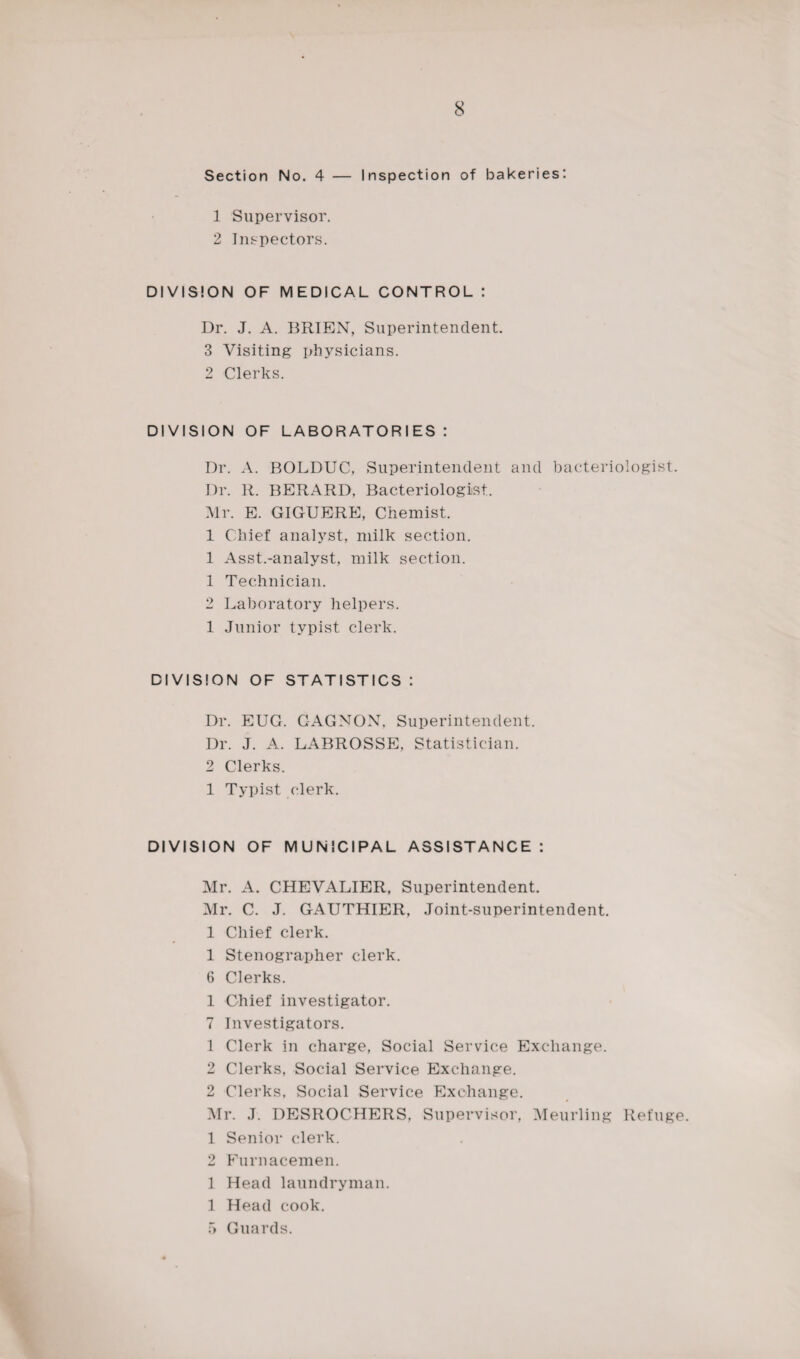 Section No. 4 — Inspection of bakeries: 1 Supervisor. 2 Inspectors. DIVISION OF MEDICAL CONTROL : Dr. J. A. BRIEN, Superintendent. 3 Visiting physicians. 2 Clerks. DIVISION OF LABORATORIES: Dr. A. BOLDUC, Superintendent and bacteriologist. Dr. R. BERARD, Bacteriologist. Mr. E. GIGUERE, Chemist. 1 Chief analyst, milk section. 1 Asst.-analyst, milk section. 1 Technician. 2 Laboratory helpers. 1 Junior typist clerk. DIVISION OF STATISTICS : Dr. EUG. GAGNON, Superintendent. Dr. J. A. LABROSSE, Statistician. 2 Clerks. 1 Typist (Jerk. DIVISION OF MUNICIPAL ASSISTANCE : Mr. A. CHEVALIER, Superintendent. Mr. C. J. GAUTHIER, Joint-superintendent. 1 Chief clerk. 1 Stenographer clerk. 6 Clerks. 1 Chief investigator. 7 Investigators. 1 Clerk in charge, Social Service Exchange. 2 Clerks, Social Service Exchange. 2 Clerks, Social Service Exchange. Mr. J. DESROCHERS, Supervisor, Meurling Refuge. 1 Senior clerk. 2 Furnacemen. 1 Head laundryman. 1 Head cook. 5 Guards.