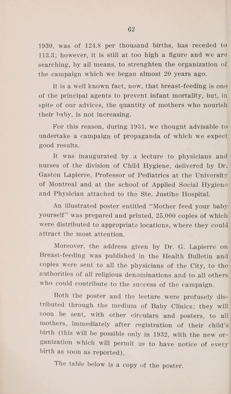 1930, was of 124.8 per thousand births, has receded to 113.3; however, it is still at too high a figure and we are searching, by all means, to strenghten the organization of the campaign which we began almost 20 years ago. It is a well known fact, now, that breast-feeding is one of the principal agents to prevent infant mortality, but, in spite of our advices, the quantity of mothers who nourish their baby, is not increasing. For this reason, during 1931, we thought advisable to undertake a campaign of propaganda of which we expect good results. It was inaugurated by a lecture to physicians and nurses of the division of Child Hygiene, delivered by Dr. Gaston Lapierre, Professor of Pediatrics at the University of Montreal and at the school of Applied Social Hygiene and Physician attached to the Ste. Justihe Hospital. An illustrated poster entitled “Mother feed your baby yourself'’ was prepared and printed, 25,000 copies of which were distributed to appropriate locations, where they could attract the most attention. Moreover, the address given by Dr. G. Lapierre on Breast-feeding was published in the Health Bulletin and copies were sent to all the physicians of the City, to the authorities of all religious denominations and to all others who could contribute to the success of the campaign. Both the poster and the lecture were profusely dis¬ tributed through the medium of Baby Clinics; they will soon be sent, with other circulars and posters, to all mothers, immediately after registration of their child’s birth (this will be possible only in 1932, with the new or¬ ganization which will permit us to have notice of every birth as soon as reported). 4 lie table below is a copy of the poster.