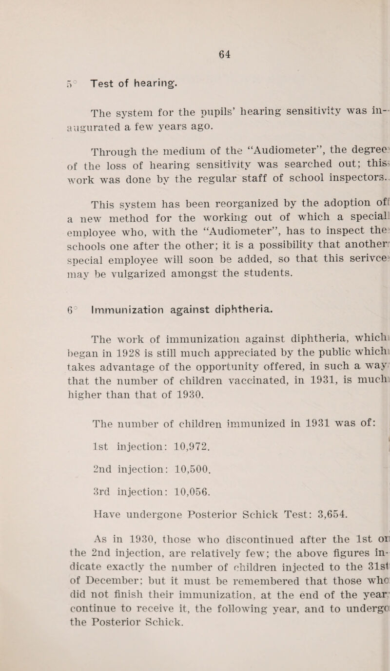 5° Test of hearing. The system for the pupils’ hearing sensitivity was in¬ augurated a few years ago. Through the medium of the “Audiometer”, the degree of the loss of hearing sensitivity was searched out; this> work was done by the regular staff of school inspectors.. This system has been reorganized by the adoption of a new method for the working out of which a special employee who, with the “Audiometer”, has to inspect the1 schools one after the other; it is a possibility that anotherr special employee will soon be added, so that this serivce may be vulgarized amongst the students. 6 Immunization against diphtheria. The work of immunization against diphtheria, whichi began in 1928 is still much appreciated by the public whichi takes advantage of the opportunity offered, in such a way that the number of children vaccinated, in 1931, is much higher than that of 1930. The number of children immunized in 1931 was of: 1st injection: 10,972. { 2nd injection: 10,500. 3rd injection: 10,056. Have undergone Posterior Schick Test: 3,654. As in 1930, those who discontinued after the 1st or the 2nd injection, are relatively few; the above figures in¬ dicate exactly the number of children injected to the 31st of December: but it must be remembered that those whc did not finish their immunization, at the end of the year, continue to receive it, the following year, and to undergo: the Posterior Schick.