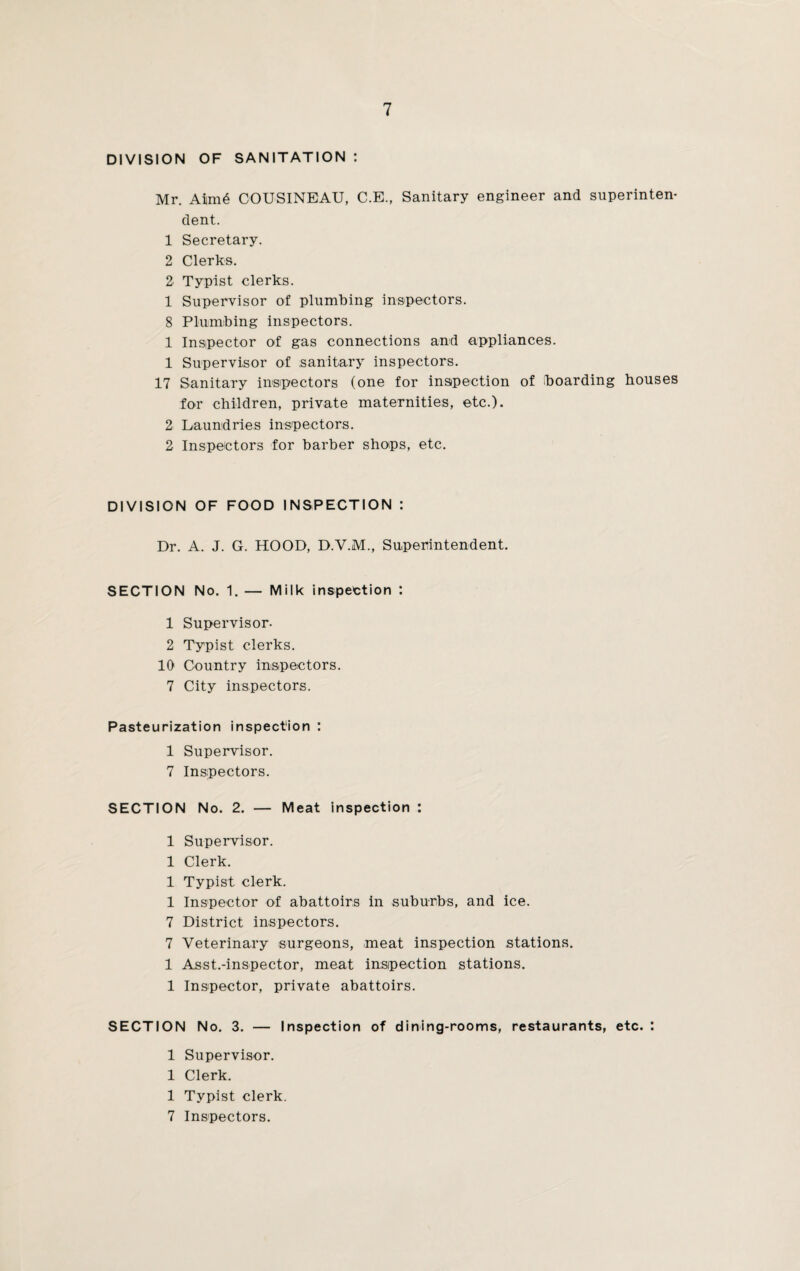 DIVISION OF SANITATION : Mr. Aiim£ COUSINEAU, C.E., Sanitary engineer and superinten¬ dent. 1 Secretary. 2 Clerks. 2 Typist clerks. 1 Supervisor of plumbing inspectors. 8 Plumbing inspectors. 1 Inspector of gas connections and appliances. 1 Supervisor of sanitary inspectors. 17 Sanitary inspectors (one for inspection of boarding houses for children, private maternities, etc.). 2 Laundries inspectors. 2 Inspectors for barber shops, etc. DIVISION OF FOOD INSPECTION : Dr. A. J. G. HOOD, D.V.M., Superintendent. SECTION No. 1. — Milk inspection : 1 Supervisor. 2 Typist clerks. 10 Country inspectors. 7 City inspectors. Pasteurization inspection : 1 Supervisor. 7 Inspectors. SECTION No. 2. — Meat inspection : 1 Supervisor. 1 Clerk. 1 Typist clerk. 1 Inspector of abattoirs in suburbs, and ice. 7 District inspectors. 7 Veterinary surgeons, meat inspection stations. 1 Asst.-inspector, meat inspection stations. 1 Inspector, private abattoirs. SECTION No. 3. — Inspection of dining-rooms, restaurants, etc. : 1 Supervisor. 1 Clerk. 1 Typist clerk. 7 Inspectors.
