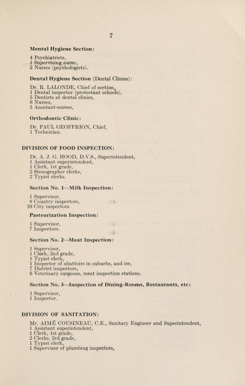 Mental Hygiene Section: 4 Psychiatrists, 1 Supervising nurse, 3 Nurses (psychologists). Dental Hygiene Section (Dental Clinics): Dr. R. LALONDE, Chief of section^ 1 Dental inspector (protestant schools), 5 Dentists at dental clinics, 6 Nurses, 5 Assistant-nurses, Orthodontic Clinic: Dr. PAUL GEOFFRION, Chief, 1 Technician. DIVISION OF FOOD INSPECTION: Dr. A. J. G. HOOD, D.V.S., Superintendent, 1 Assistant superintendent, 1 Clerk, 1st grade, 2 Stenographer clerks, 2 Typist clerks. Section No. I—Milk Inspection: 1 Supervisor, 8 Country inspectors, 10 City inspectors. Pasteurization Inspection: 1 Supervisor, 7 Inspectors. Section No. 2—Meat Inspection: 1 Supervisor, 1 Clerk, 2nd grade, 1 Typist clerk, 1 Inspector of abattoirs in suburbs, and ice, 7 District inspectors, 6 Veterinary surgeons, meat inspection stations. Section No. 3—Inspection of Dining-Rooms, Restaurants, etc: 1 Supervisor, 1 Inspector. DIVISION OF SANITATION: Mr. AIME COUSINEAU, C.E., Sanitary Engineer and Superintendent, 1 Assistant superintendent, 1 Clerk, 1st grade, 2 Clerks, 3rd grade, 1 Typist clerk, 1 Supervisor of plumbing inspectors,