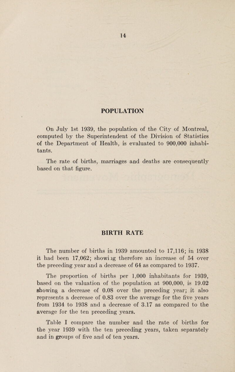 POPULATION On July 1st 1939, the population of the City of Montreal, computed by the Superintendent of the Division of Statistics of the Department of Health, is evaluated to 900,000 inhabi¬ tants. The rate of births, marriages and deaths are consequently based on that figure. BIRTH RATE The number of births in 1939 amounted to 17,116; in 1938 it had been 17,062; showing therefore an increase of 54 over the preceding year and a decrease of 64 as compared to 1937. The proportion of births per 1,000 inhabitants for 1939, based on the valuation of the population at 900,000, is 19.02 showing a decrease of 0.08 over the preceding year; it also represents a decrease of 0.83 over the average for the five years from 1934 to 1938 and a decrease of 3.17 as compared to the average for the ten preceding years. Table I compare the number and the rate of births for the year 1939 with the ten preceding years, taken separately and in groups of five and of ten years.